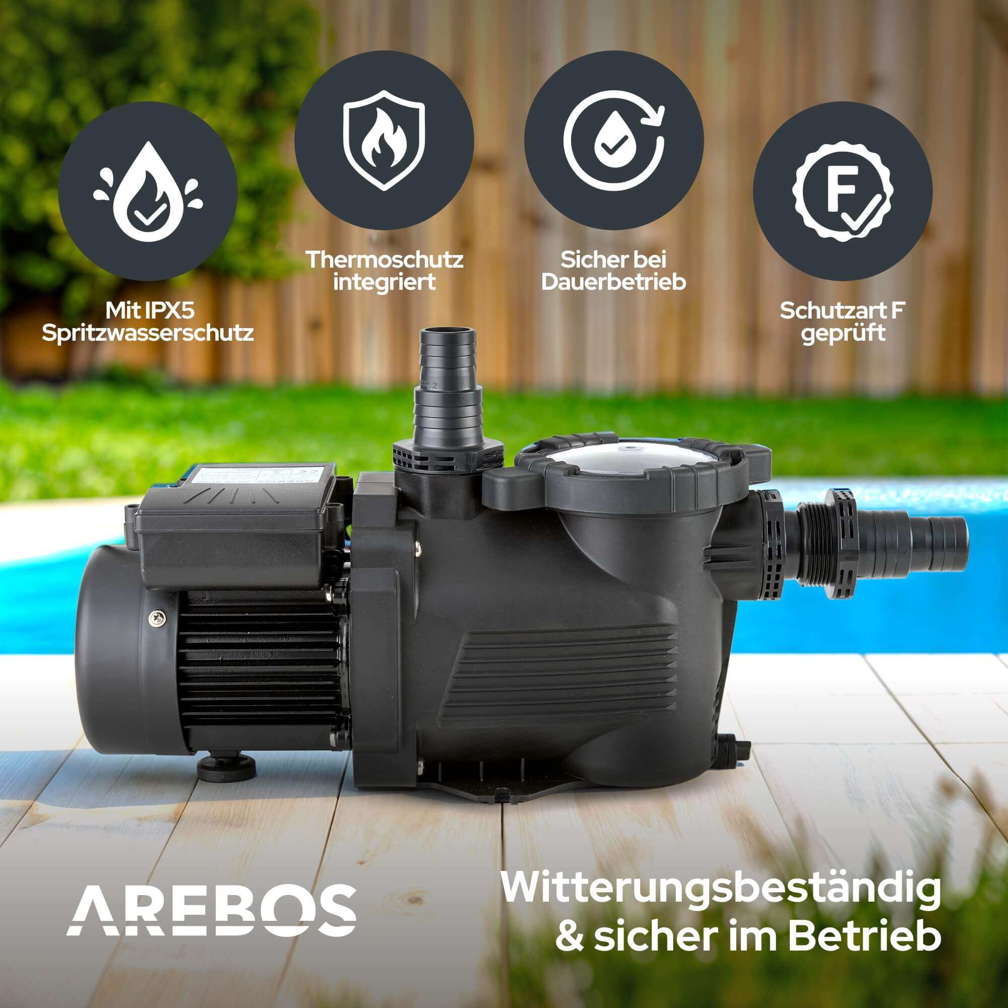 Schwarze Poolpumpe mit Textanzeigen und einem Pool im Hintergrund.