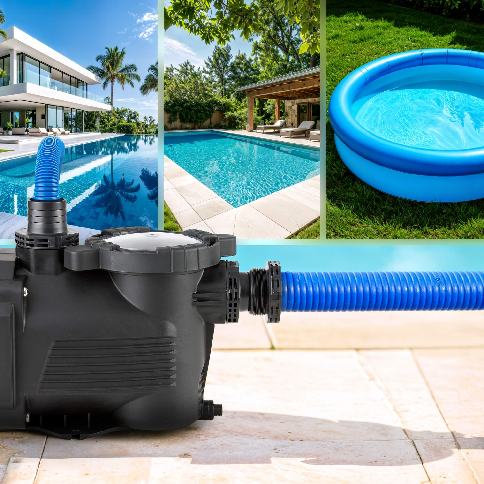 Eine Collage, die eine Poolpumpe zeigt, die mit einem blauen Schlauch verbunden ist, mit Szenen von Pools und einem Garten.