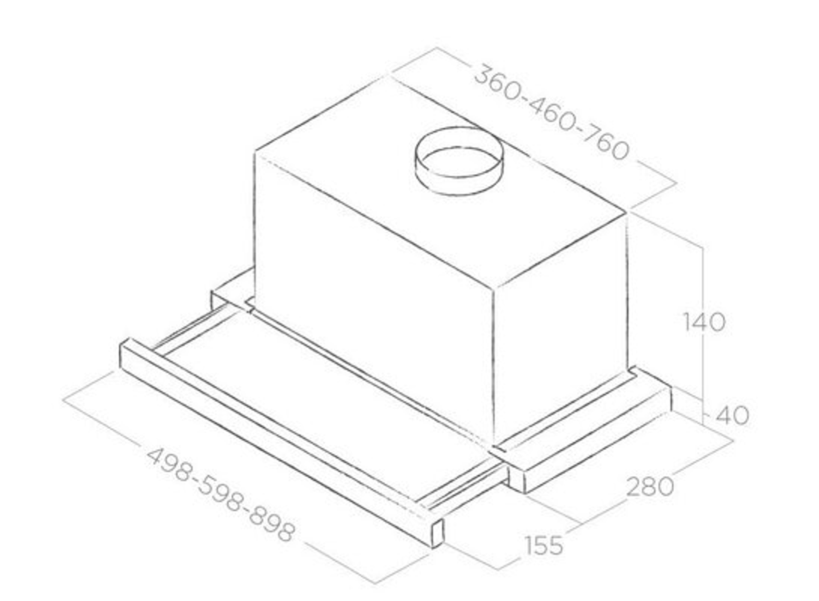 Diagram przedstawiający wymiary okapu w milimetrach, o kształcie przypominającym pudełko.