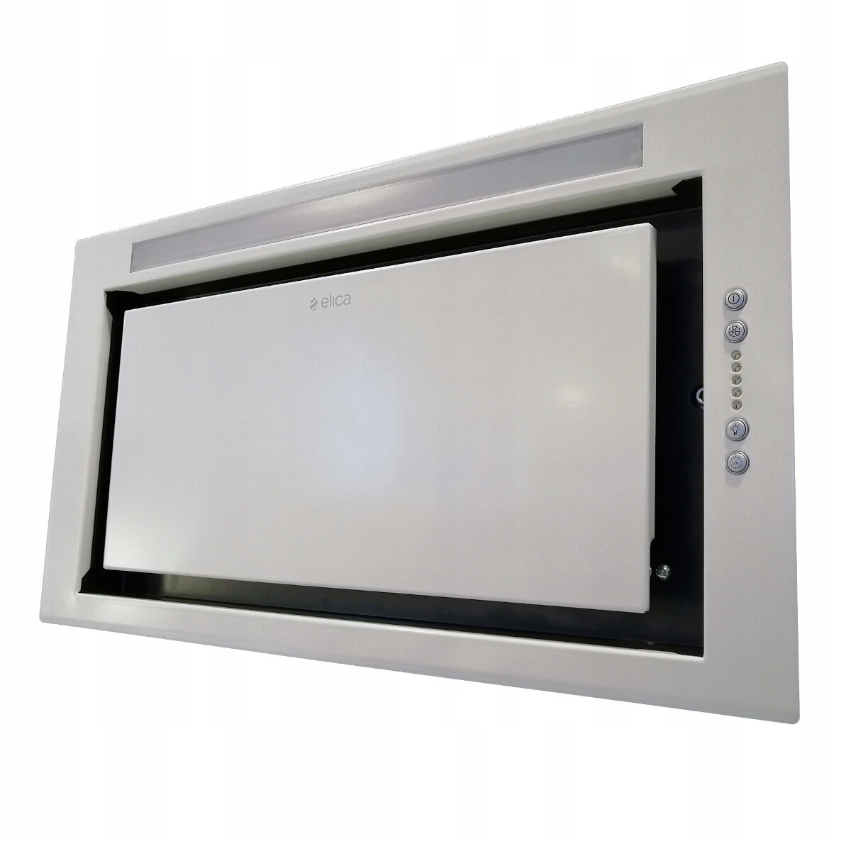 Biały okap kuchenny. Ma prostokątny kształt i elegancki design, z widocznym logo Elica.