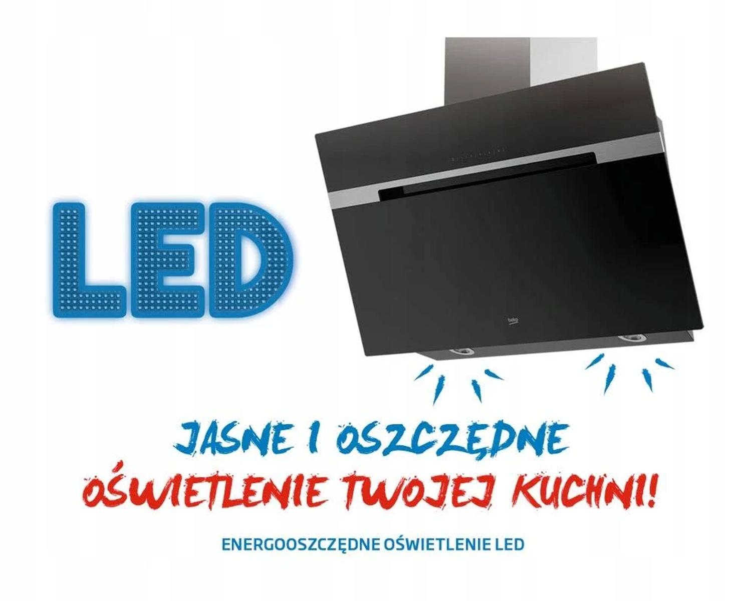 Czarny okap kuchenny marki Beko ze słowami 'Jasne i oszczędne oświetlenie' po polsku.
