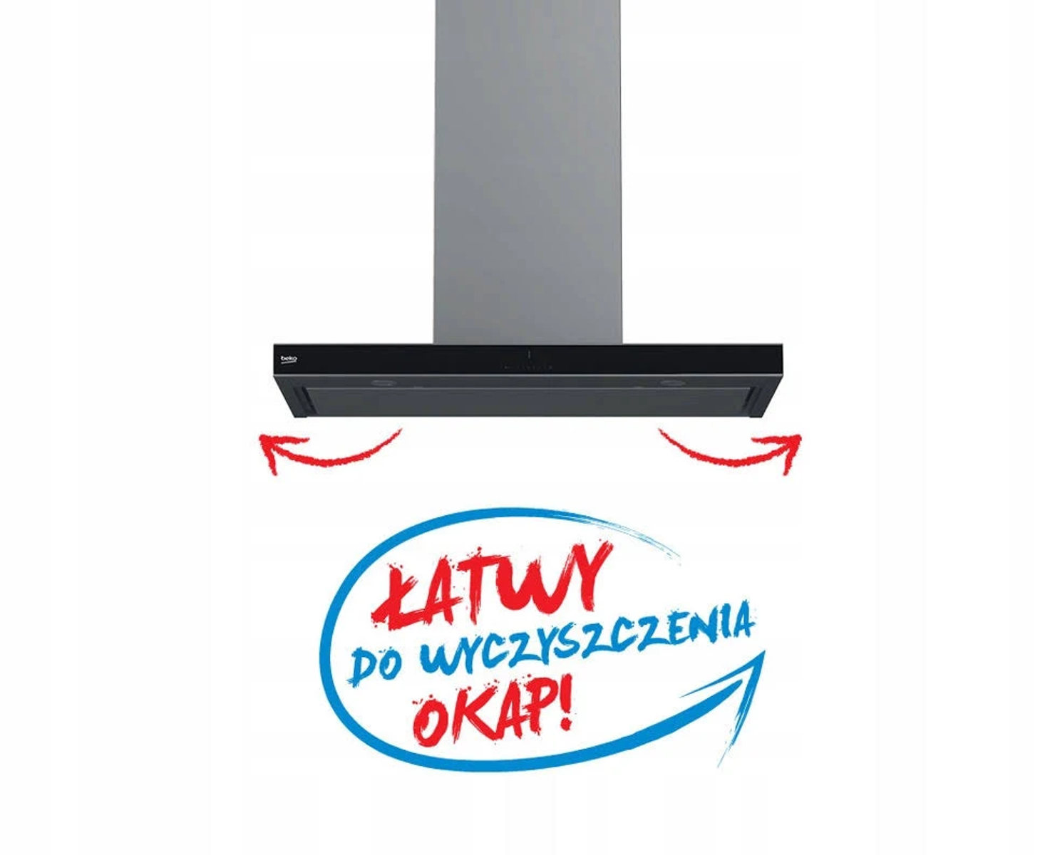Czarny okap. Polski tekst mówi: Łatwy do czyszczenia okap! Strzałki wskazują na okap.