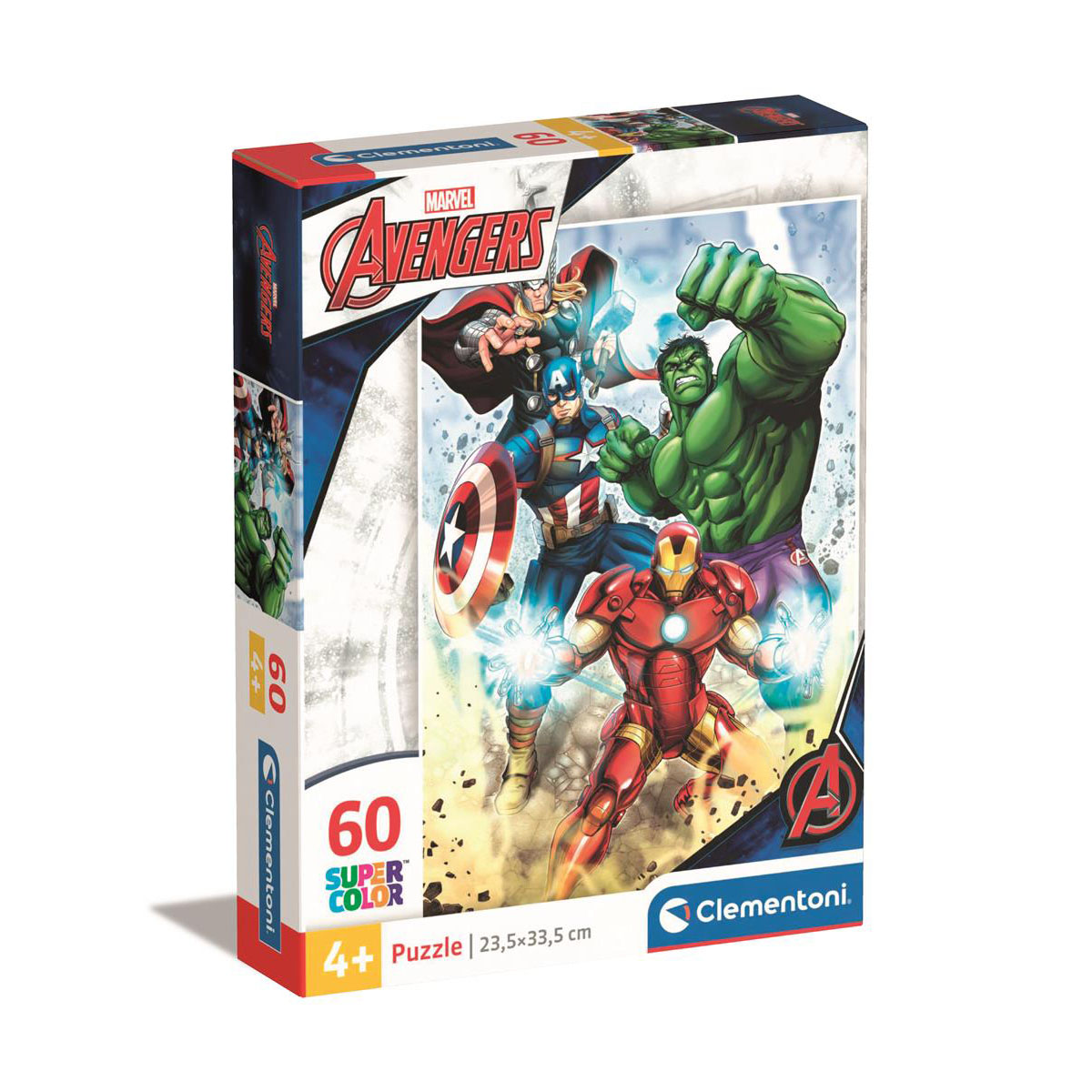 Pudełko z puzzlami z Avengers Marvel. Obrazy Kapitana Ameryki, Hulka i Iron Mana.
