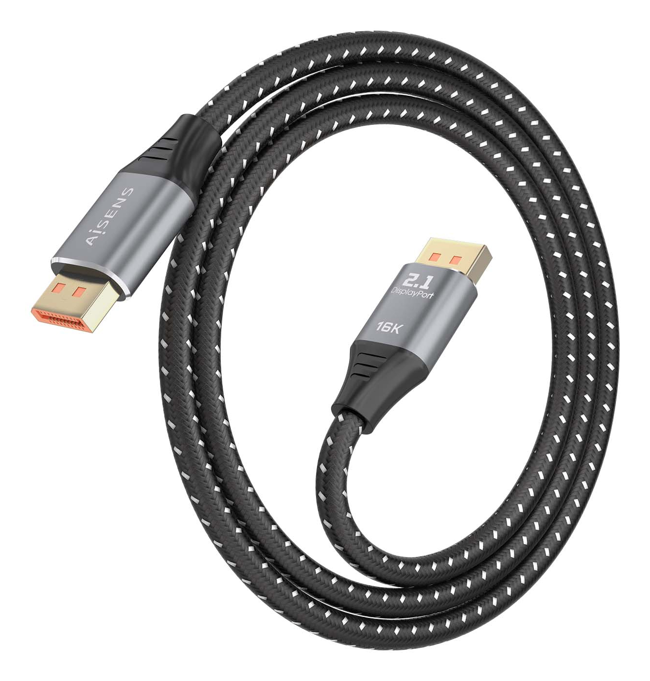 Een zwart-grijze gevlochten DisplayPort-kabel met gouden connectoren. Hij is opgerold.