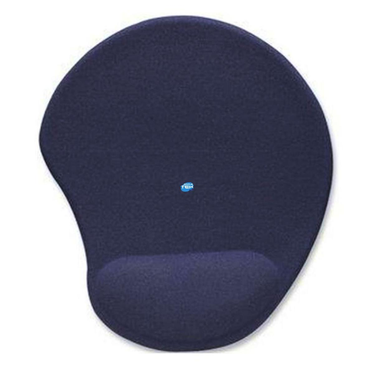 Un tappetino per mouse ergonomico blu navy con poggiapolsi. Ha forma ovale.