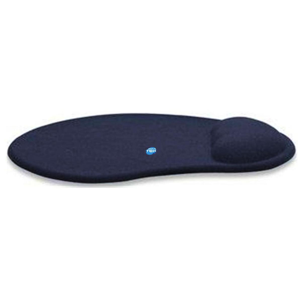 Un tappetino per mouse blu con poggiapolsi. È di forma ovale e blu scuro, con un piccolo logo.