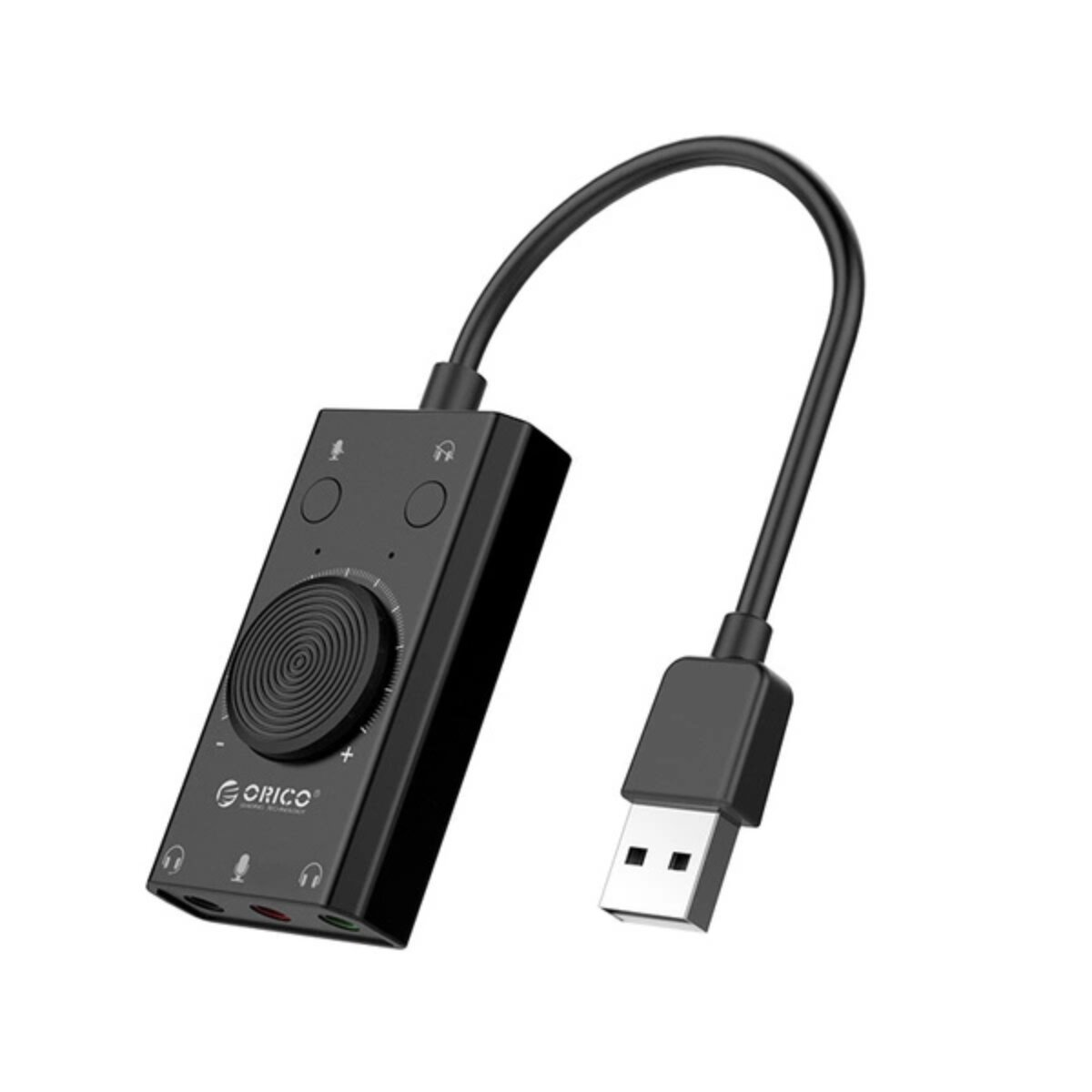 Un'interfaccia audio nera con un cavo USB. Ha pulsanti e una manopola del volume. Il marchio è ORICO.