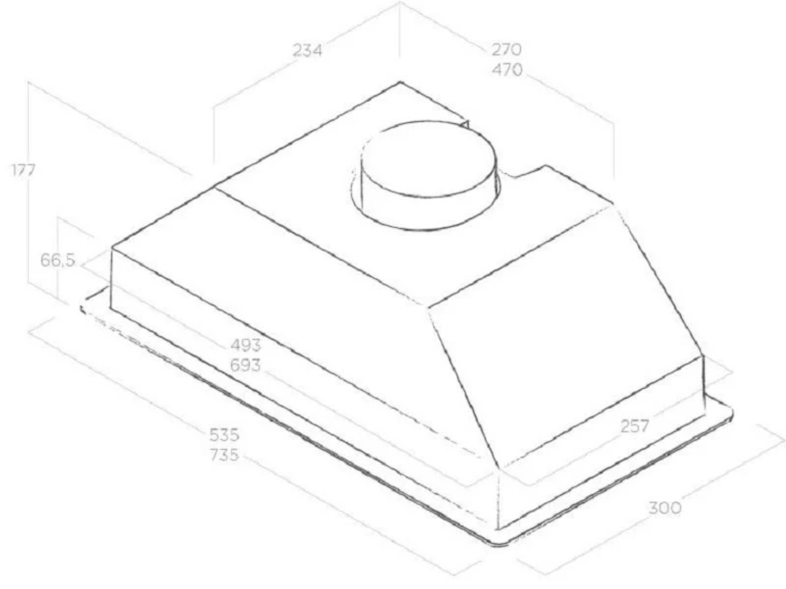 Disegno tecnico di una cappa da cucina. Mostra le dimensioni e delinea la forma della cappa da una vista dall'alto.