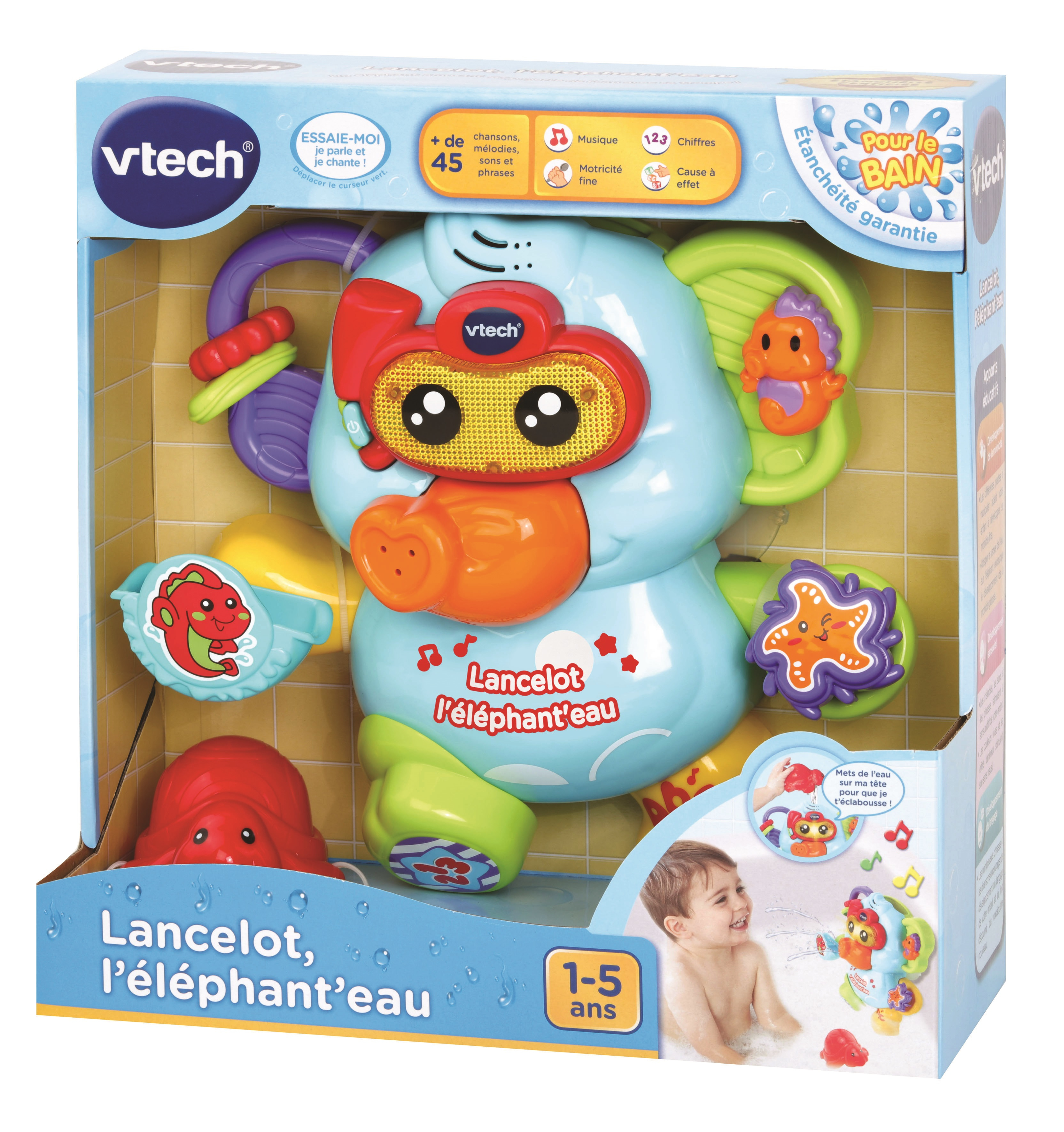 Opakowanie zabawki przedstawia niebieską zabawkę do kąpieli w kształcie słonia, z napisem 'Lancelot l'éléphant'eau', z bawiącym się dzieckiem.