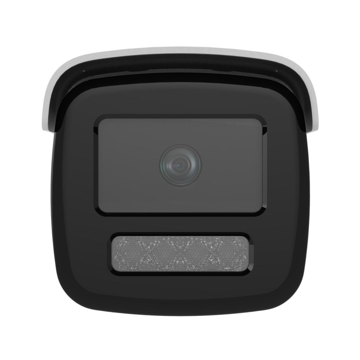 Una telecamera di sicurezza nera con parte superiore bianca, montata su sfondo bianco.