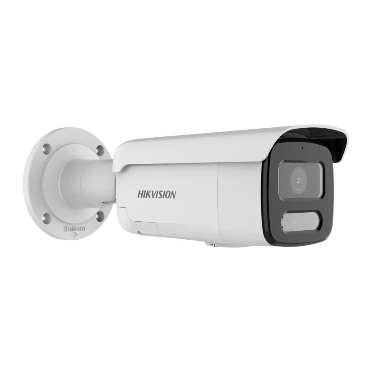 Una telecamera di sicurezza bianca con marchio HIKVISION, montata su una superficie bianca.