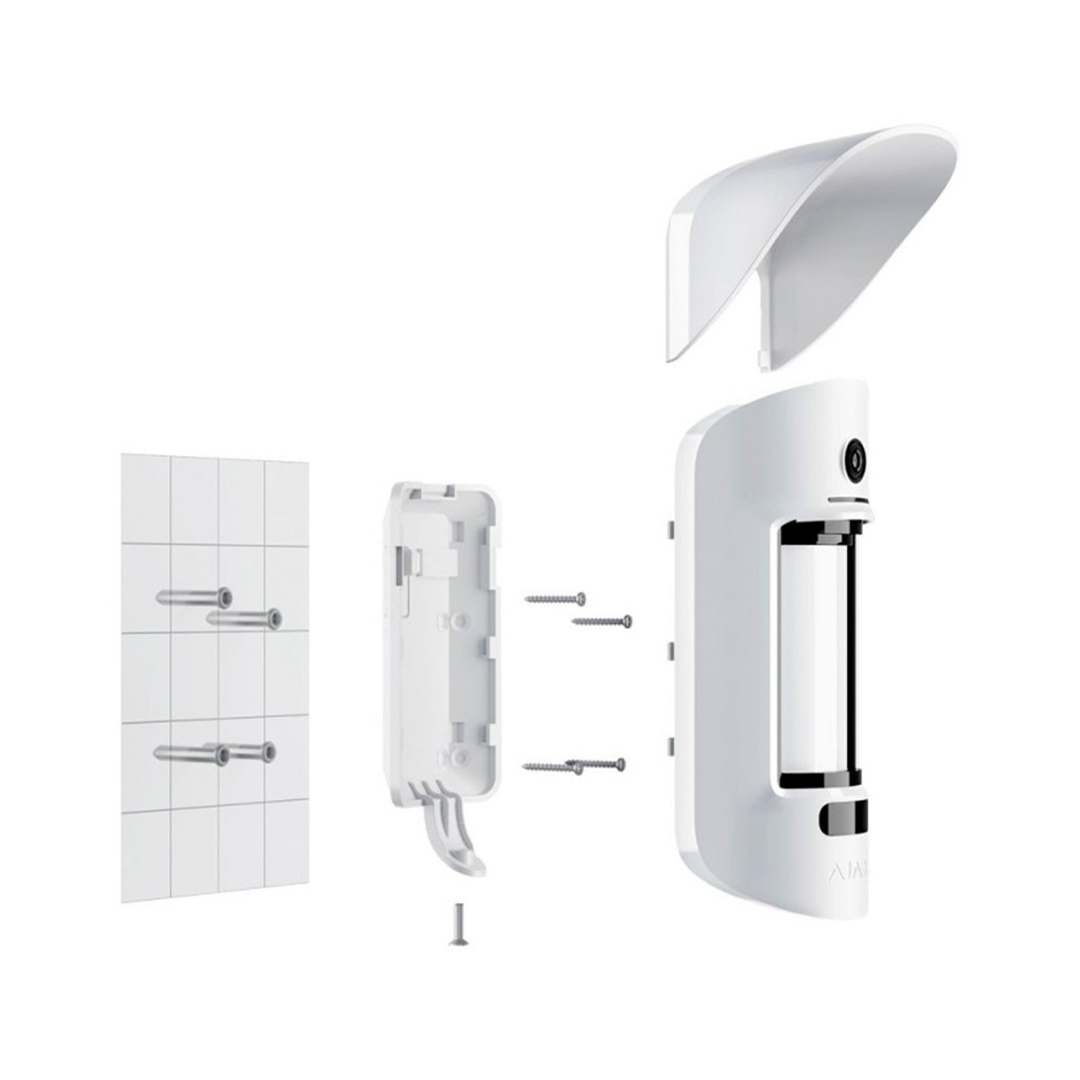 Vista esplosa di un dispositivo di sicurezza bianco con copertura protettiva, viti e base.