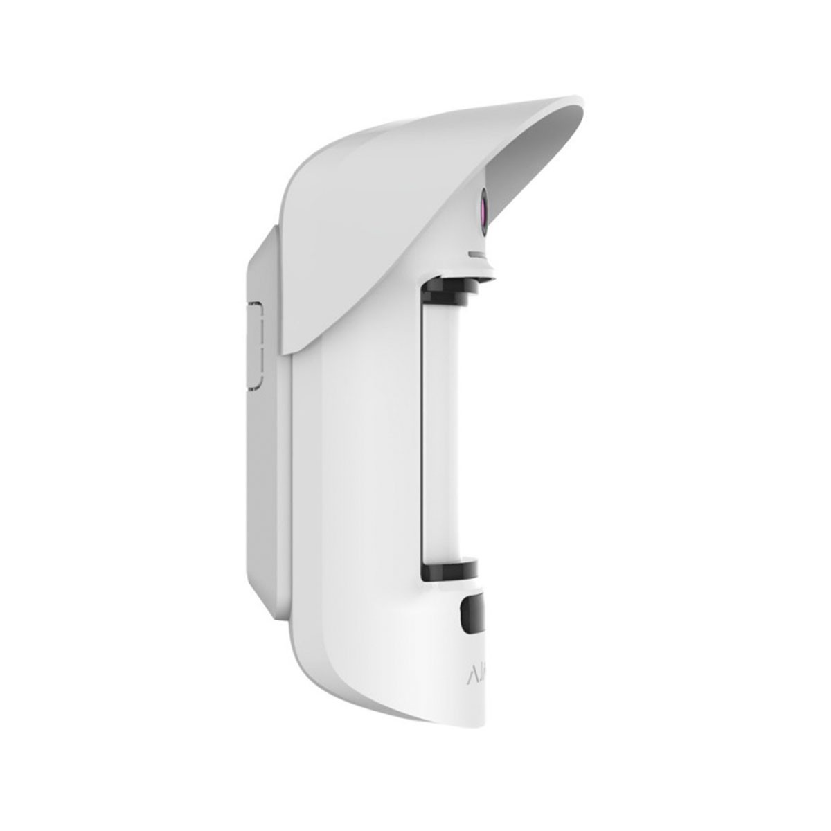 Un dispositivo di sicurezza bianco con una parte superiore curva e una lente visibile, montato su un muro.