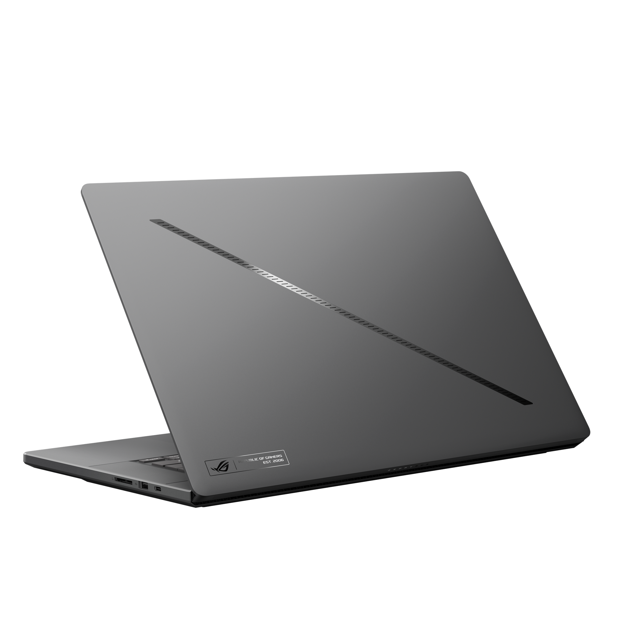 Widok z tyłu ciemnoszarego laptopa. Widoczne logo Republic of Gamers. Pokrywa ma dwa czarne paski.