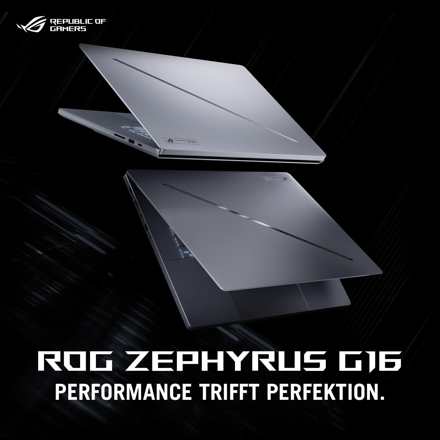 Dwa ciemnoszare laptopy z tekstem ROG Zephyrus G16. Laptopy są otwarte i ustawione pod kątem w przeciwnych kierunkach.