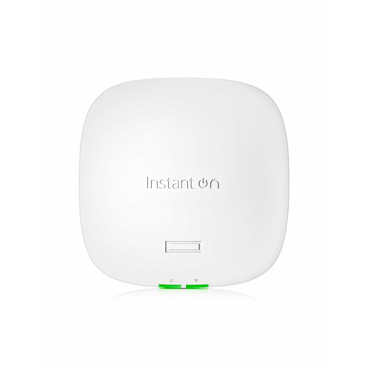 Białe urządzenie Instant On z zielonymi światłami. Logo jest wyśrodkowane. Urządzenie jest kwadratowe z zaokrąglonymi rogami.