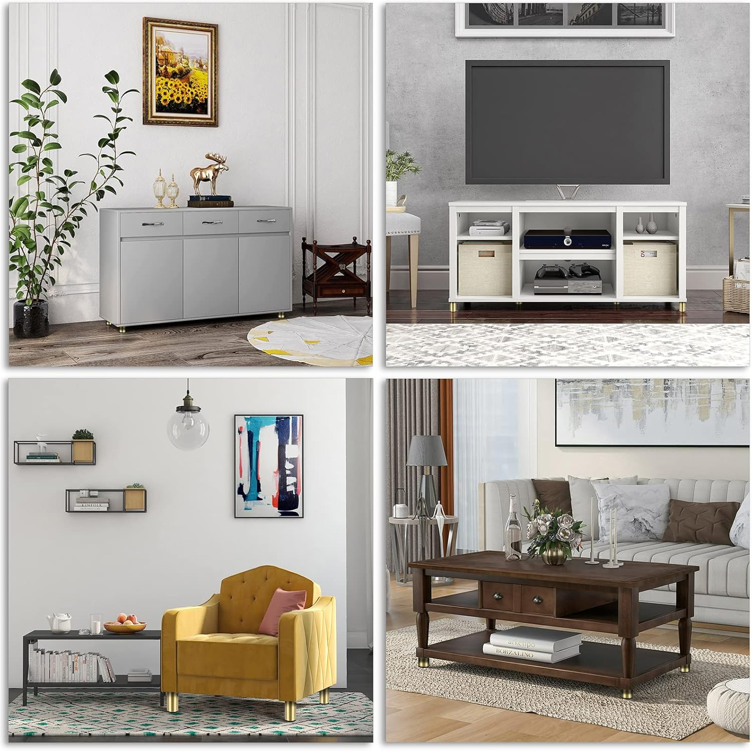 Collage von Möbeln mit goldenen Beinen. Es gibt Tische, Stühle und einen Schrank mit Fernseher.