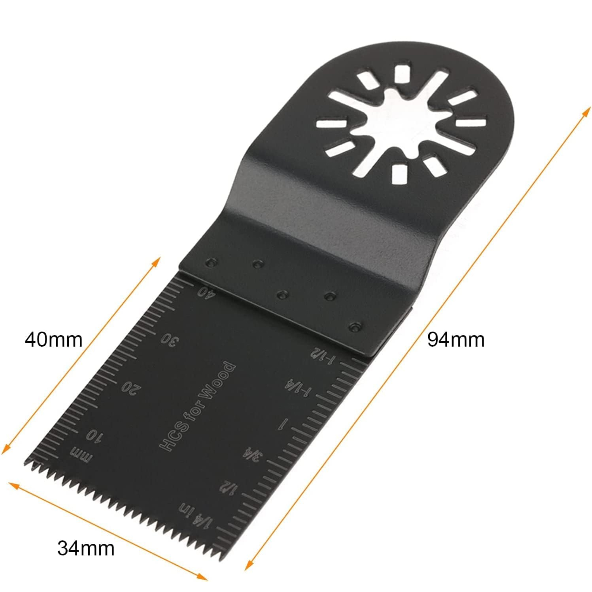 Schwarzes Sägeblatt mit Maßen, Beschriftung: 40mm, 94mm, 34mm.