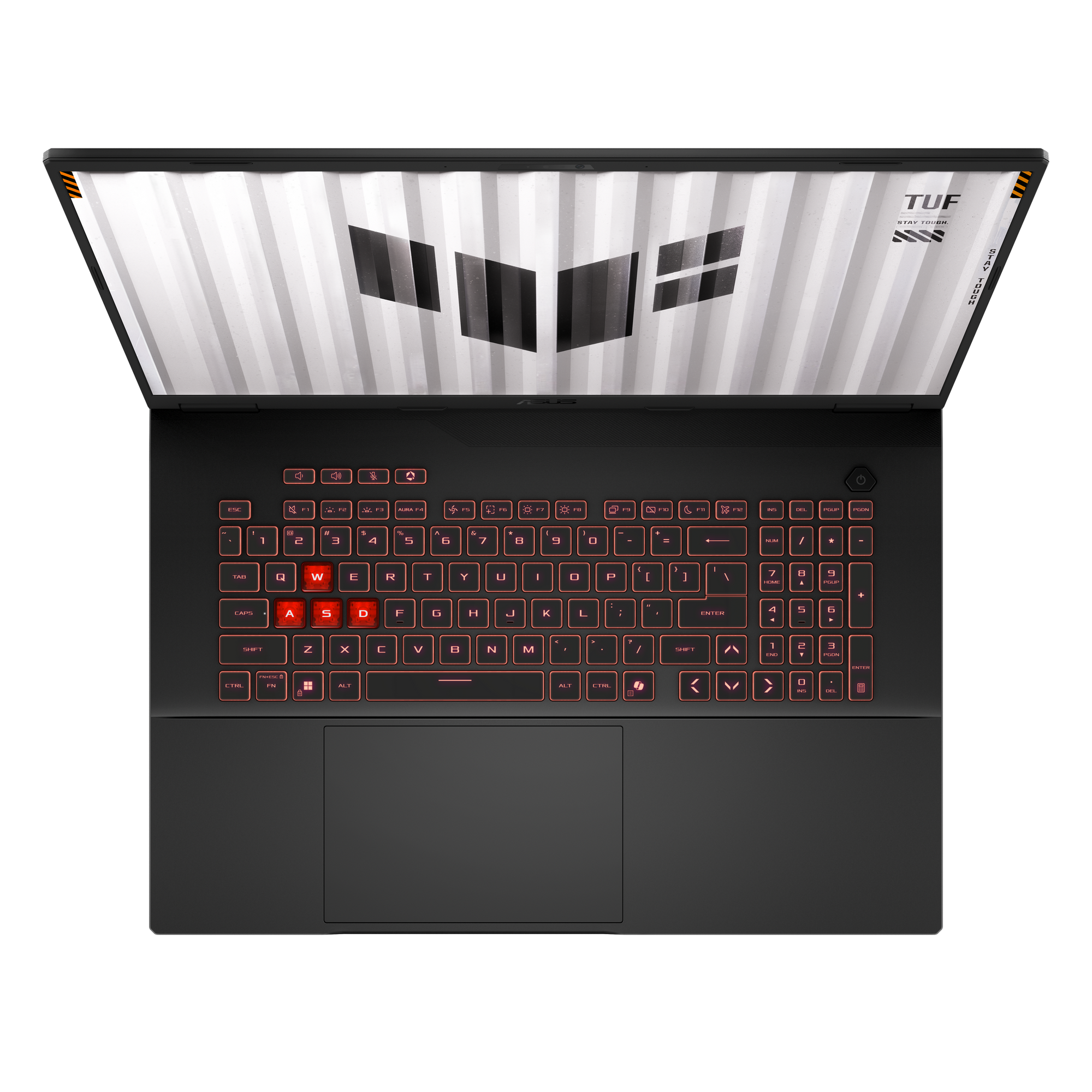 Czarny laptop z podświetlaną na czerwono klawiaturą i biało-czarnym wyświetlaczem.