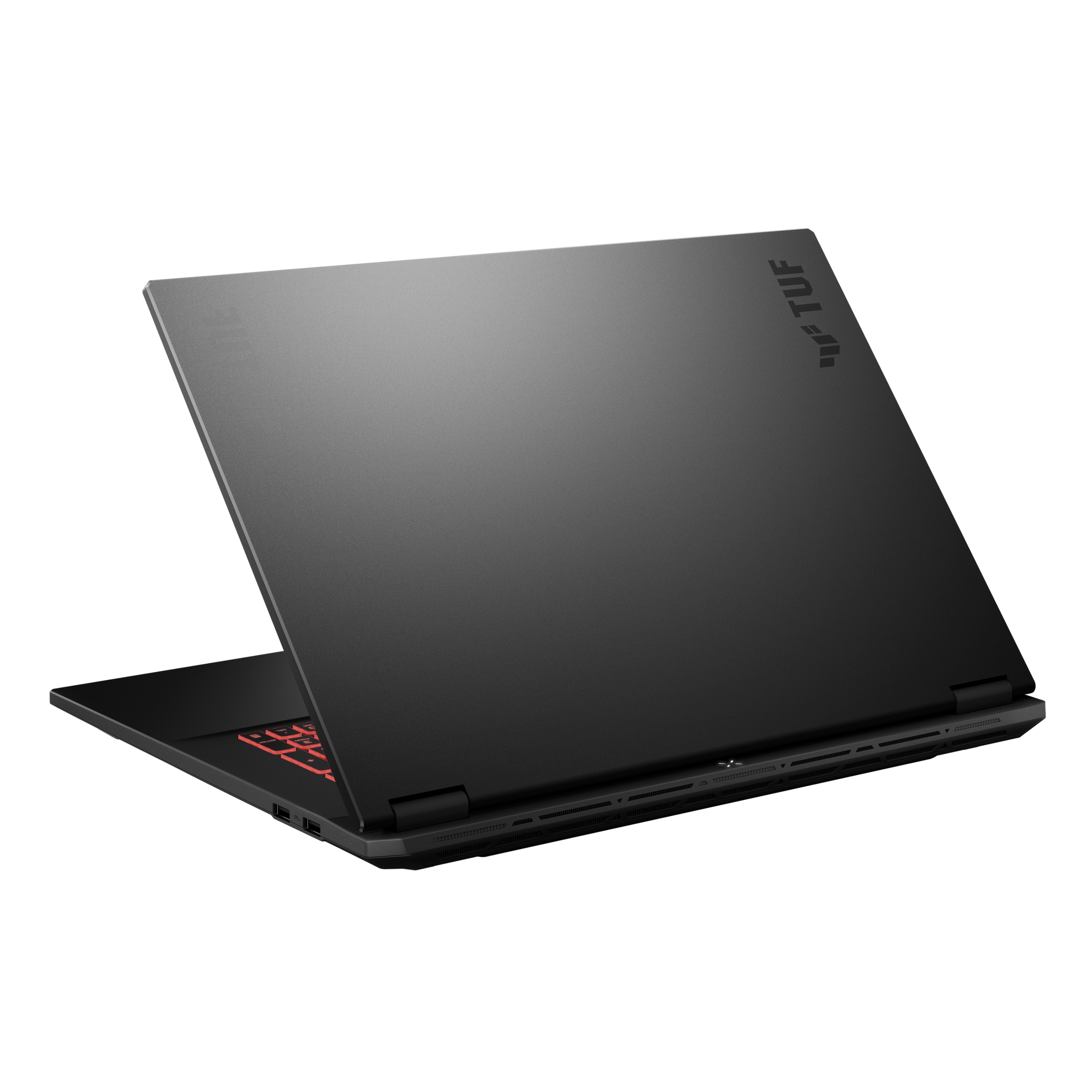 Czarny laptop z logo TUF z tyłu, otwarty. Klawiatura ma czerwone klawisze.