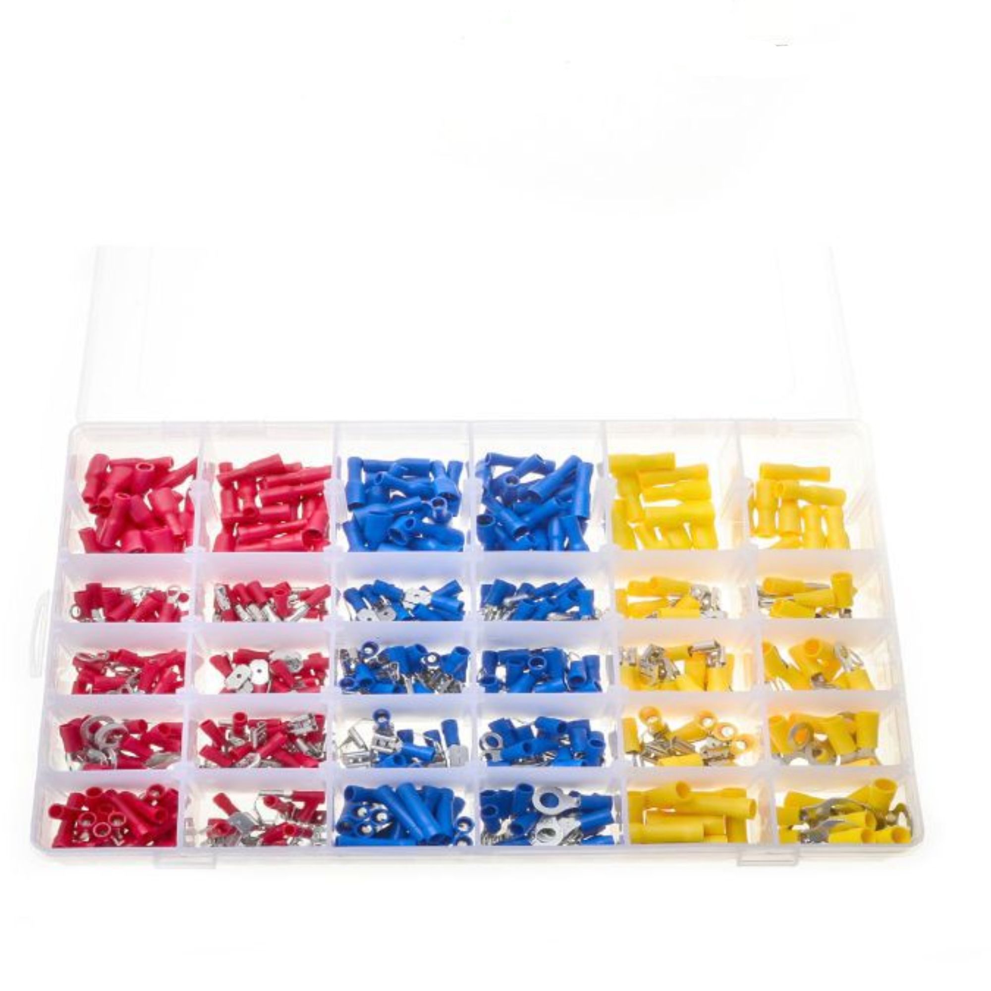 Eine Plastikbox mit verschiedenen farbigen elektrischen Steckverbindern. Sie sind rot, blau und gelb.