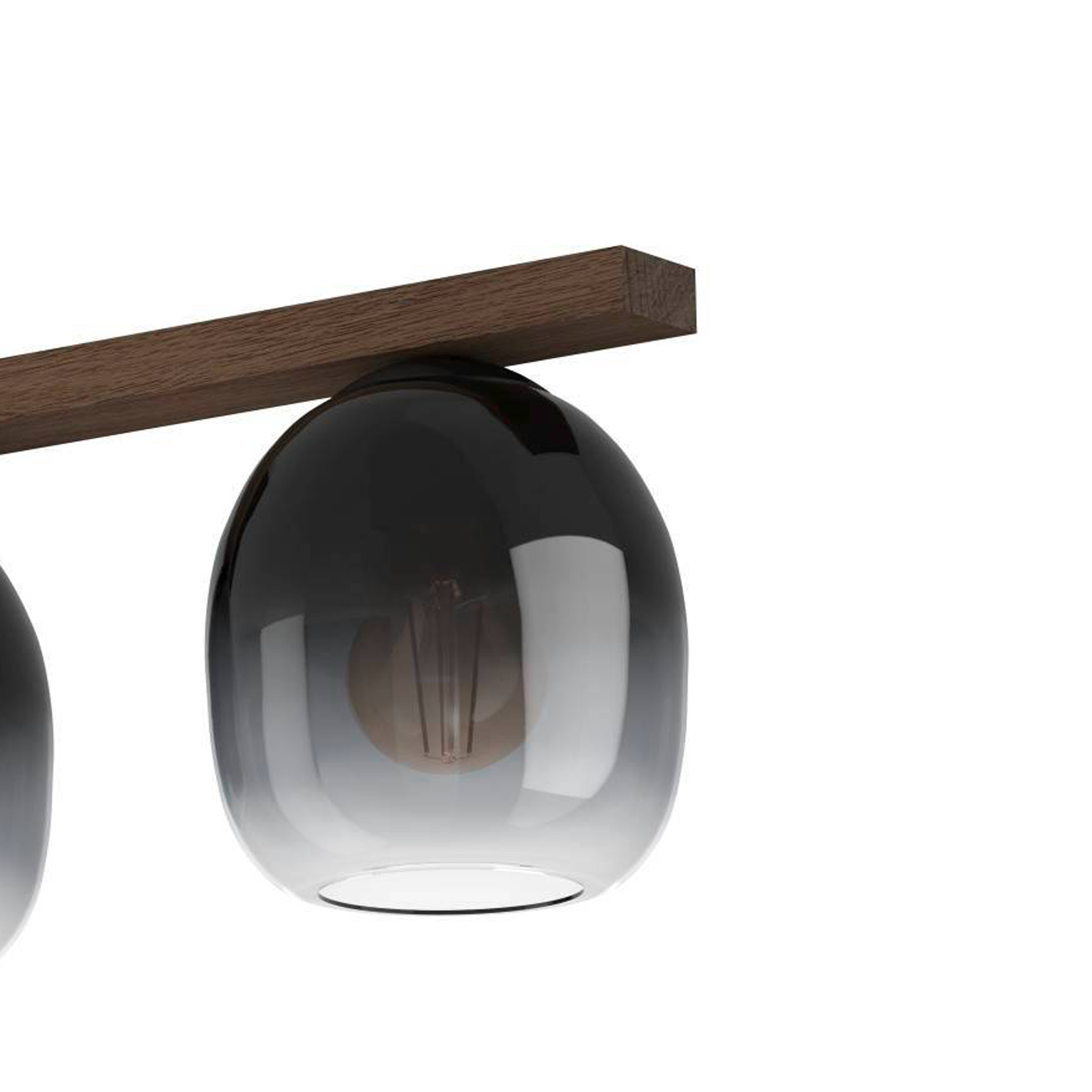 Nahaufnahme einer modernen Lampenhalterung. Es hat drei schwarze und transparente Glaskugeln auf einem Holzbalken.