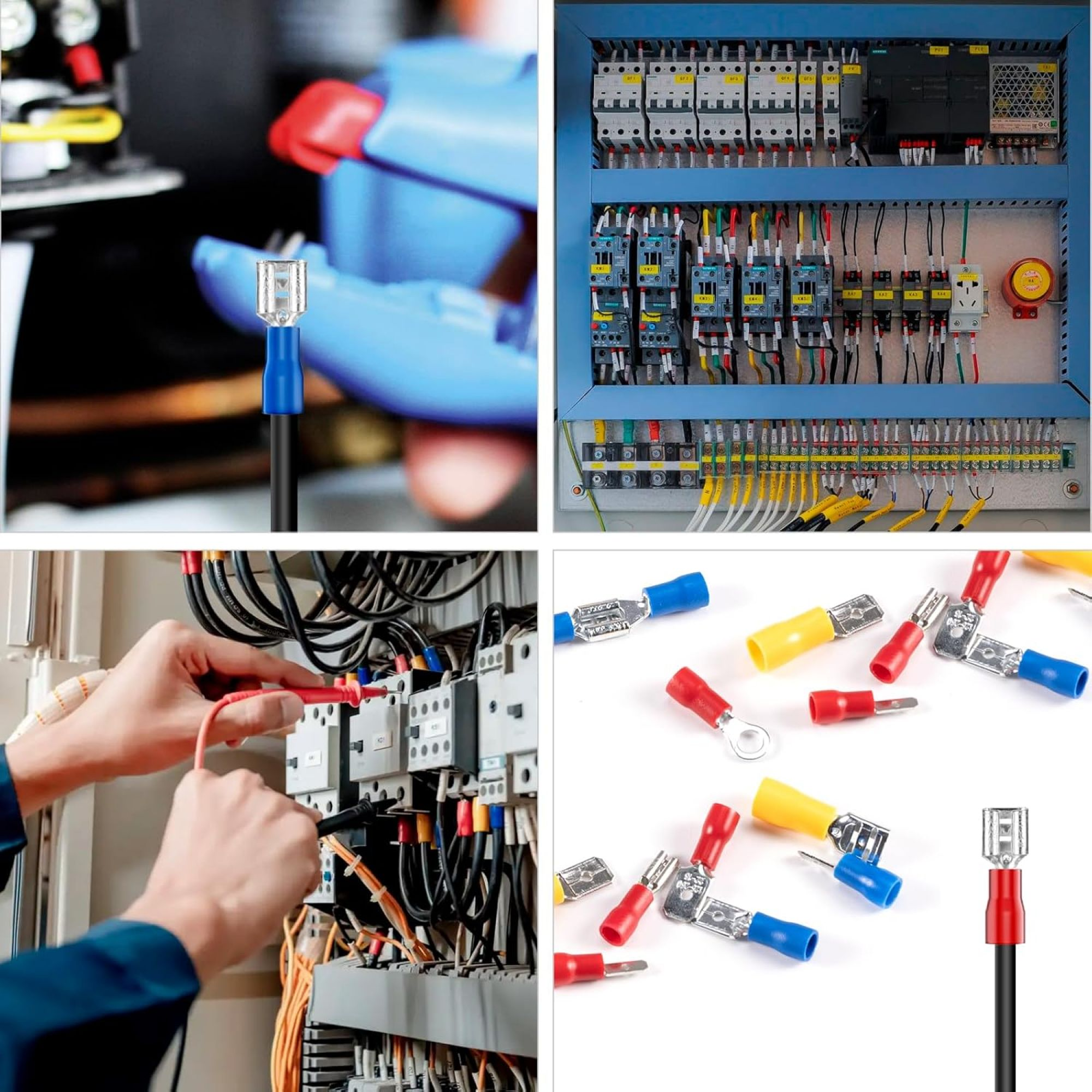 Vier Bilder, die einen Elektriker zeigen, der in verschiedenen Umgebungen mit Drähten und elektrischen Bauteilen arbeitet.