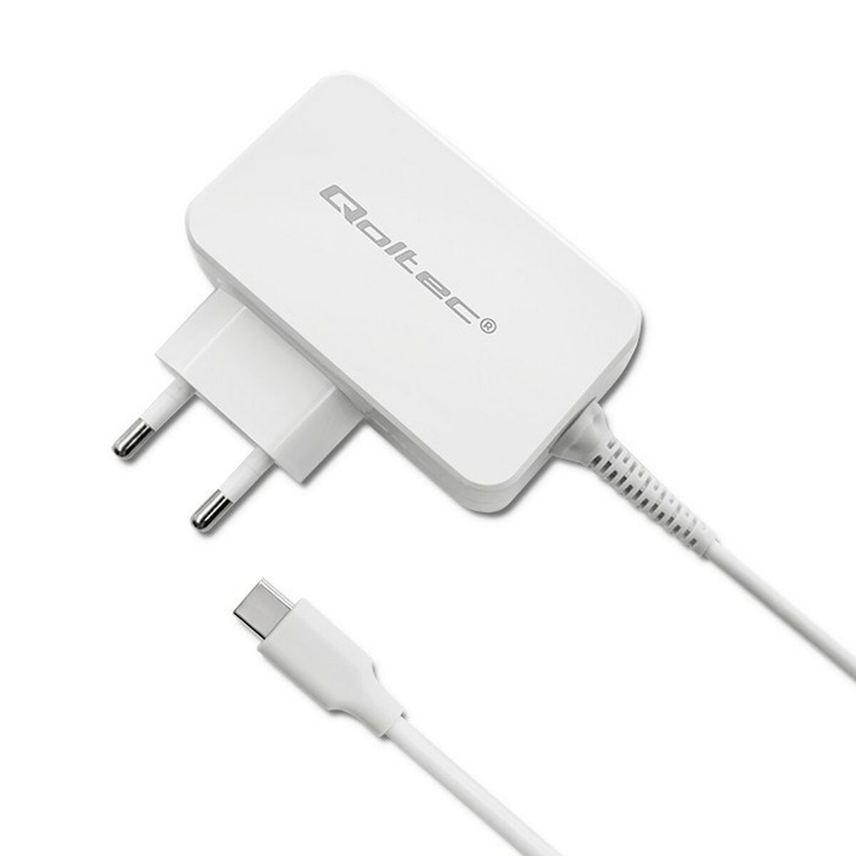 Biały zasilacz Qoltec AC z wtyczką i kablem USB-C.