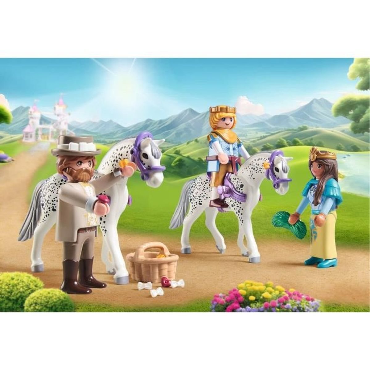 Playmobil-Figuren, darunter ein Mann mit Pferden und eine Prinzessin. Der Hintergrund zeigt ein Schloss.