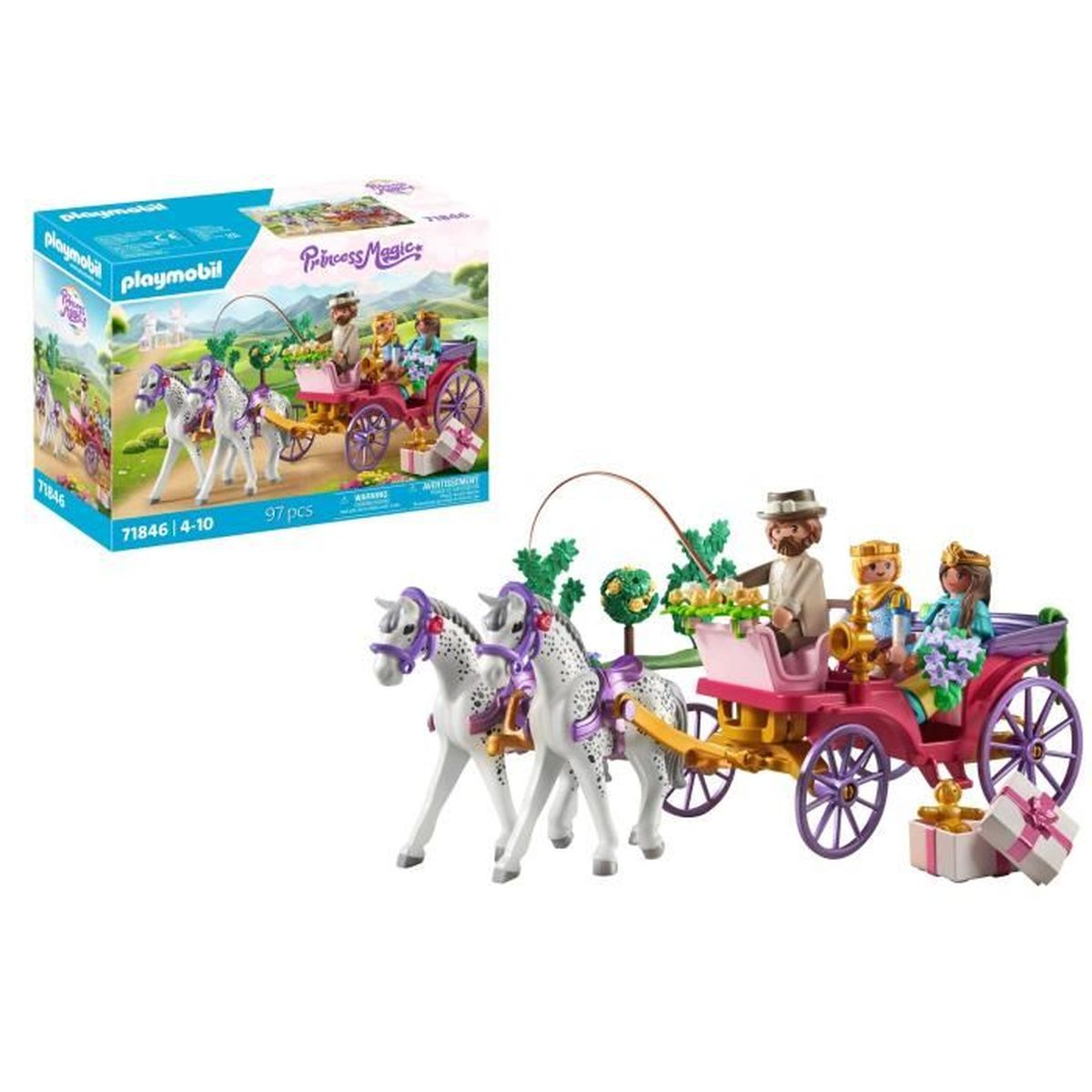 Playmobil-Set, das eine Prinzessinnenkutsche mit Pferden, Figuren, einer Geschenkbox und dem Logo 'Princess Magic' zeigt.