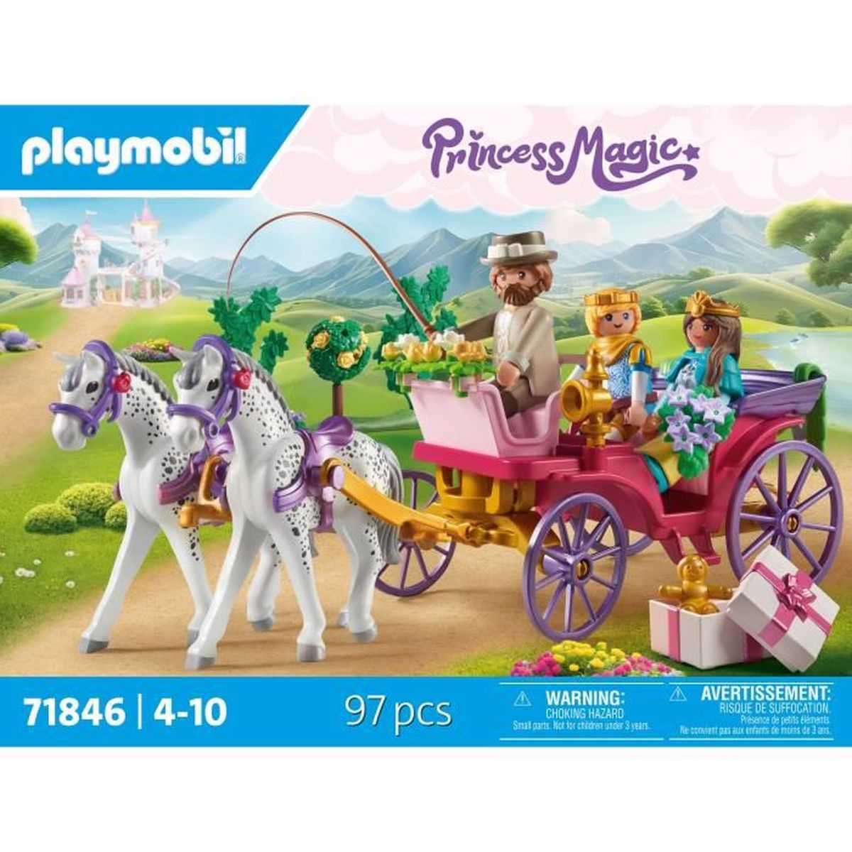 Playmobil Princess Magic Set mit Kutsche, zwei weißen Pferden und Figuren. Grüne Landschaft im Hintergrund.