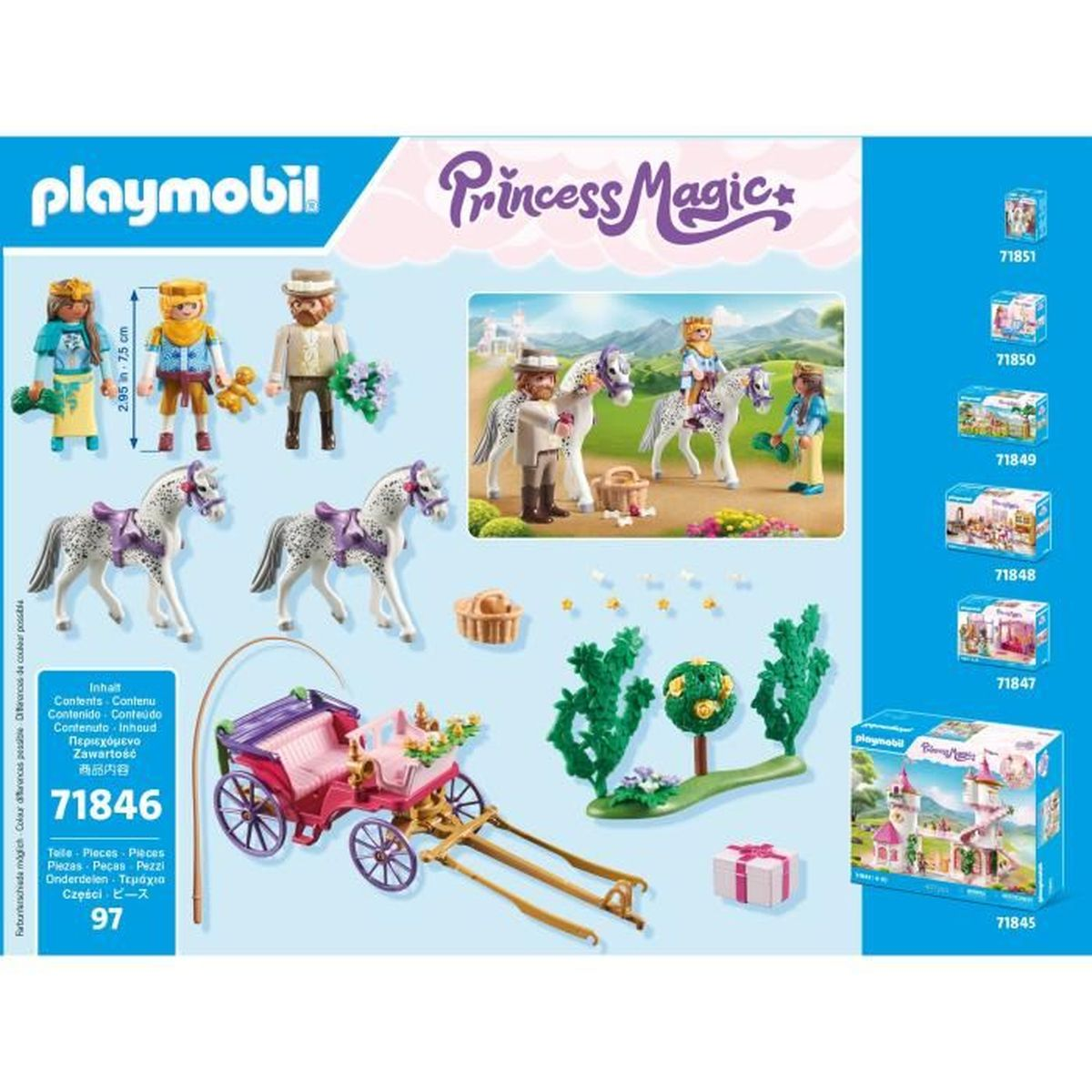 Playmobil Princess Magic Set-Box mit Figuren, Pferden, einer Kutsche und Zubehör. Weißer Hintergrund.