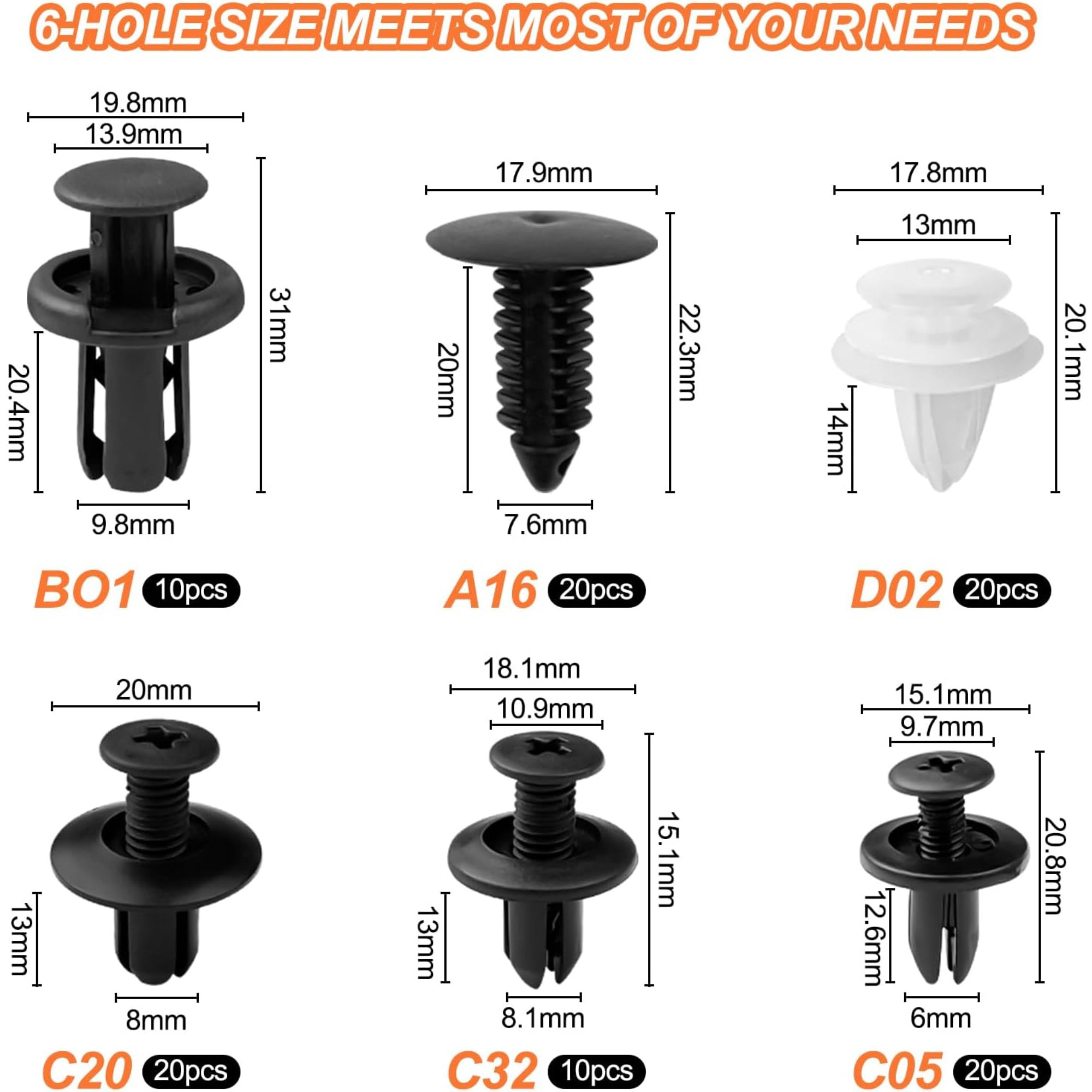 Diagramm mit verschiedenen Autoclips mit Abmessungen. Schwarze Clips auf weißem Hintergrund.