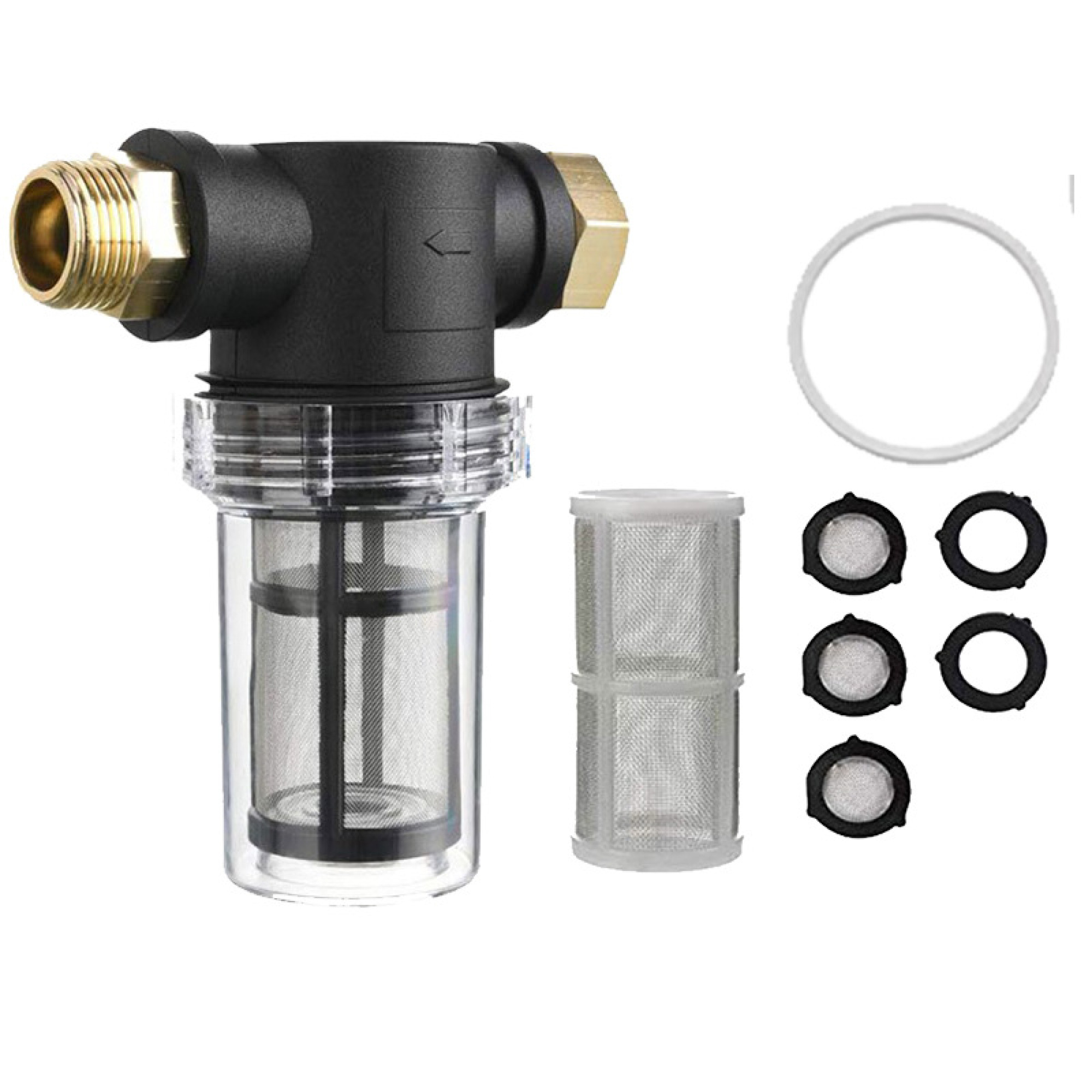 Ein Wasserfilter mit transparentem Gehäuse und zwei Netzfiltern, mit Beschriftung der verschiedenen Teile.