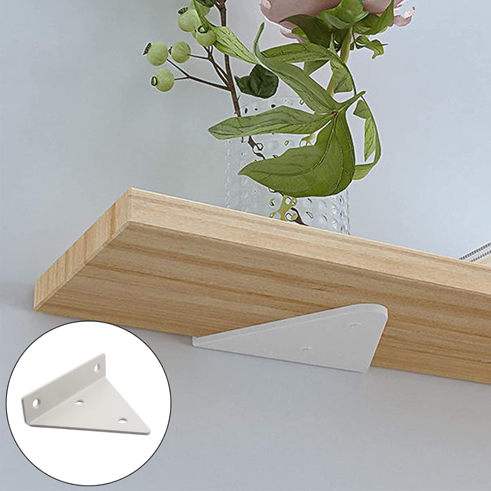 Holzregal mit weißer, dreieckiger Halterung, Blumen in einer Vase auf dem Regal und Nahaufnahme.