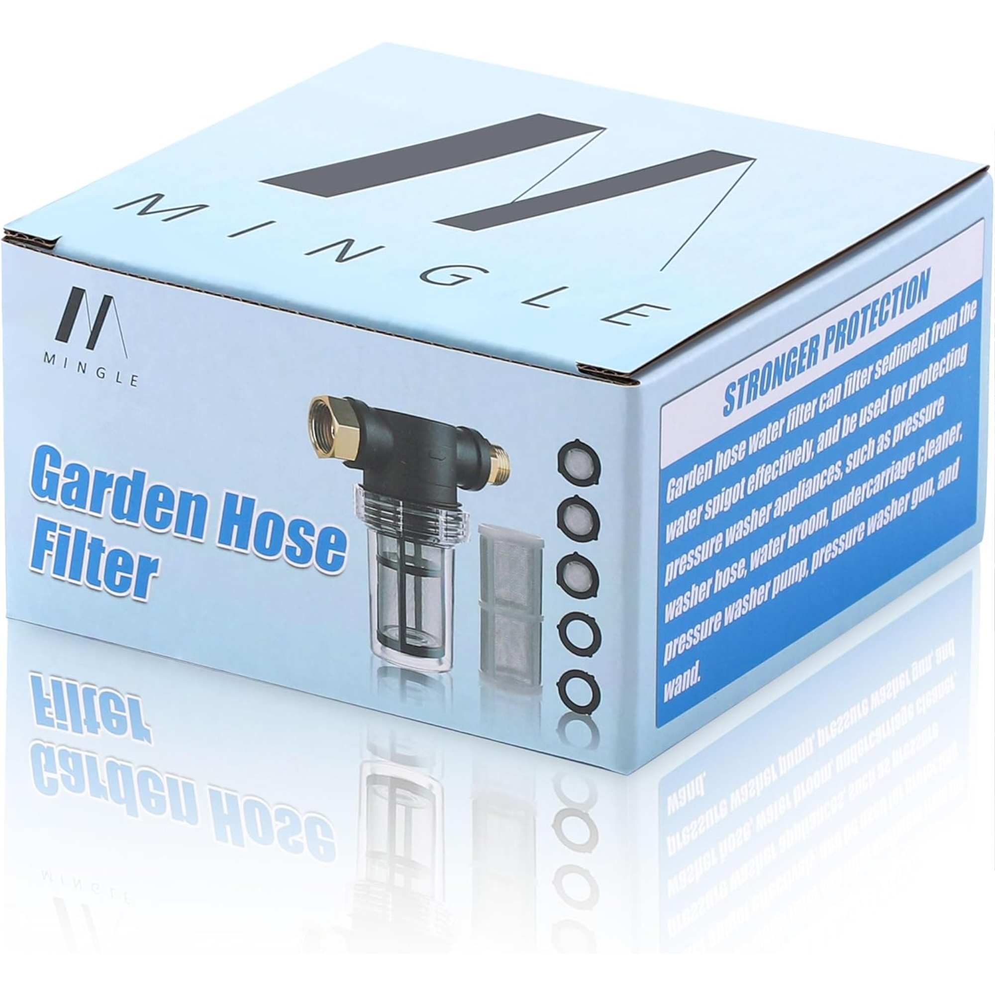 Eine Schachtel für einen Gartenschlauchfilter mit Filter und Zubehör, enthält Text über Schutz.