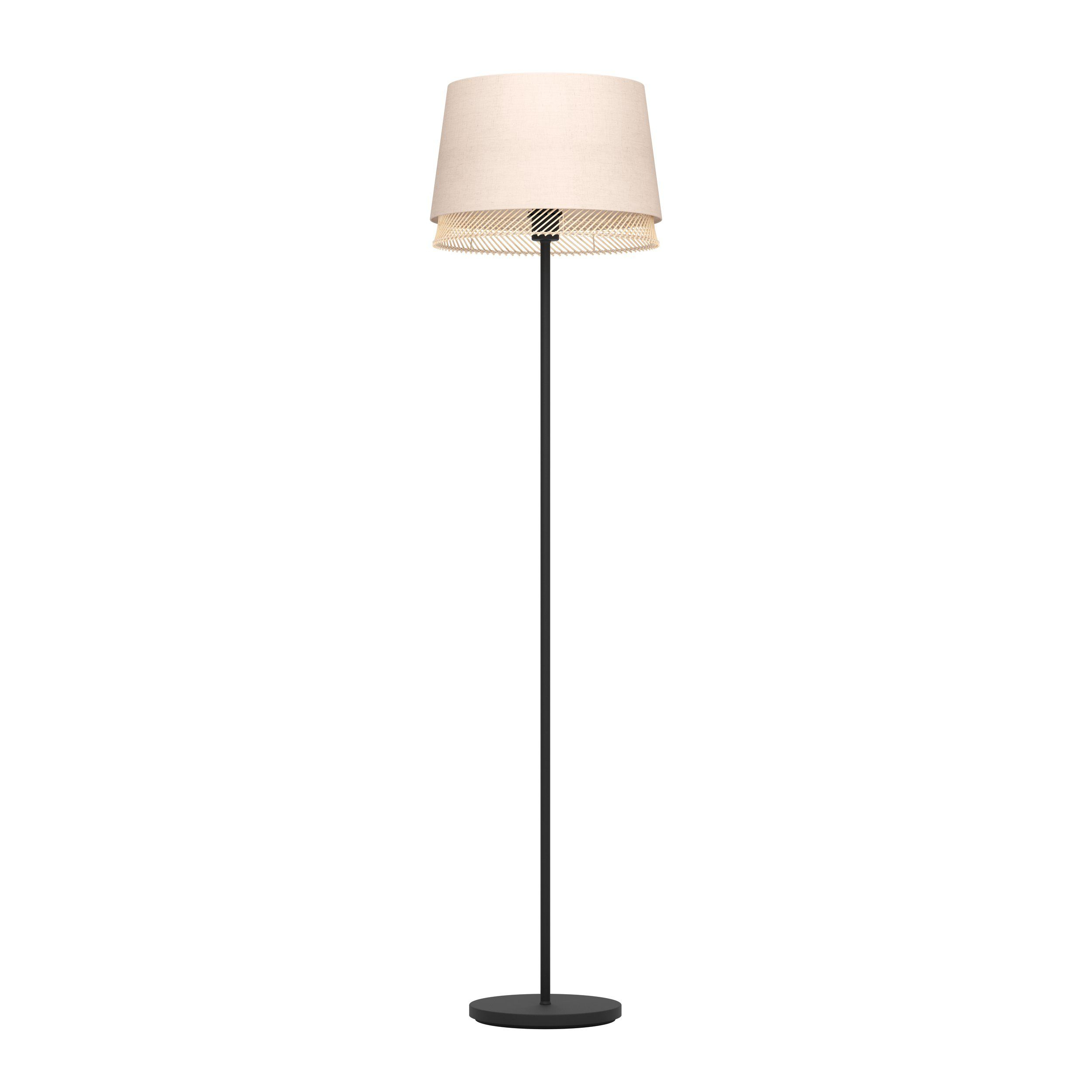 Eine Stehlampe mit beigem Lampenschirm und schwarzem Metallmast und -fuß, auf weißem Hintergrund.