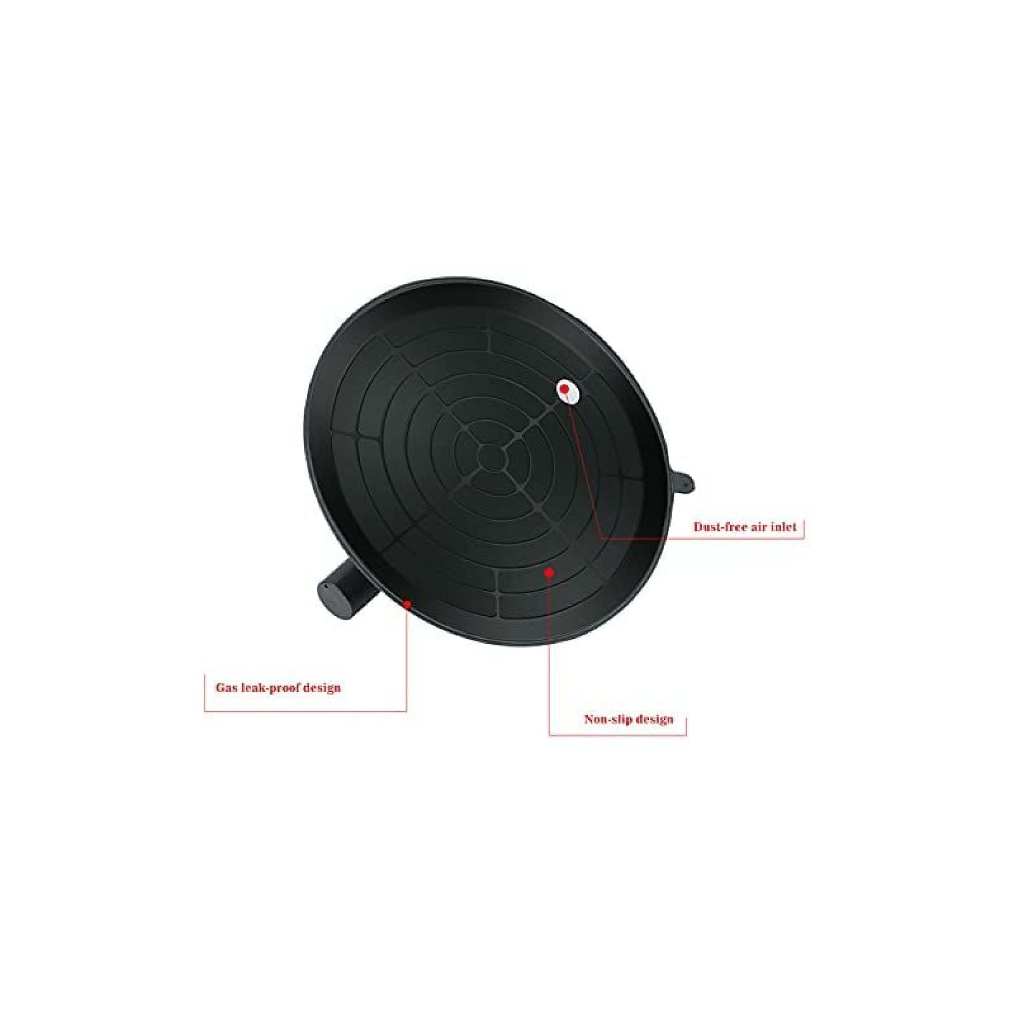 Schwarze Platte mit Griff, beschriftet mit 'Gasdicht' und 'Rutschfestes Design'.