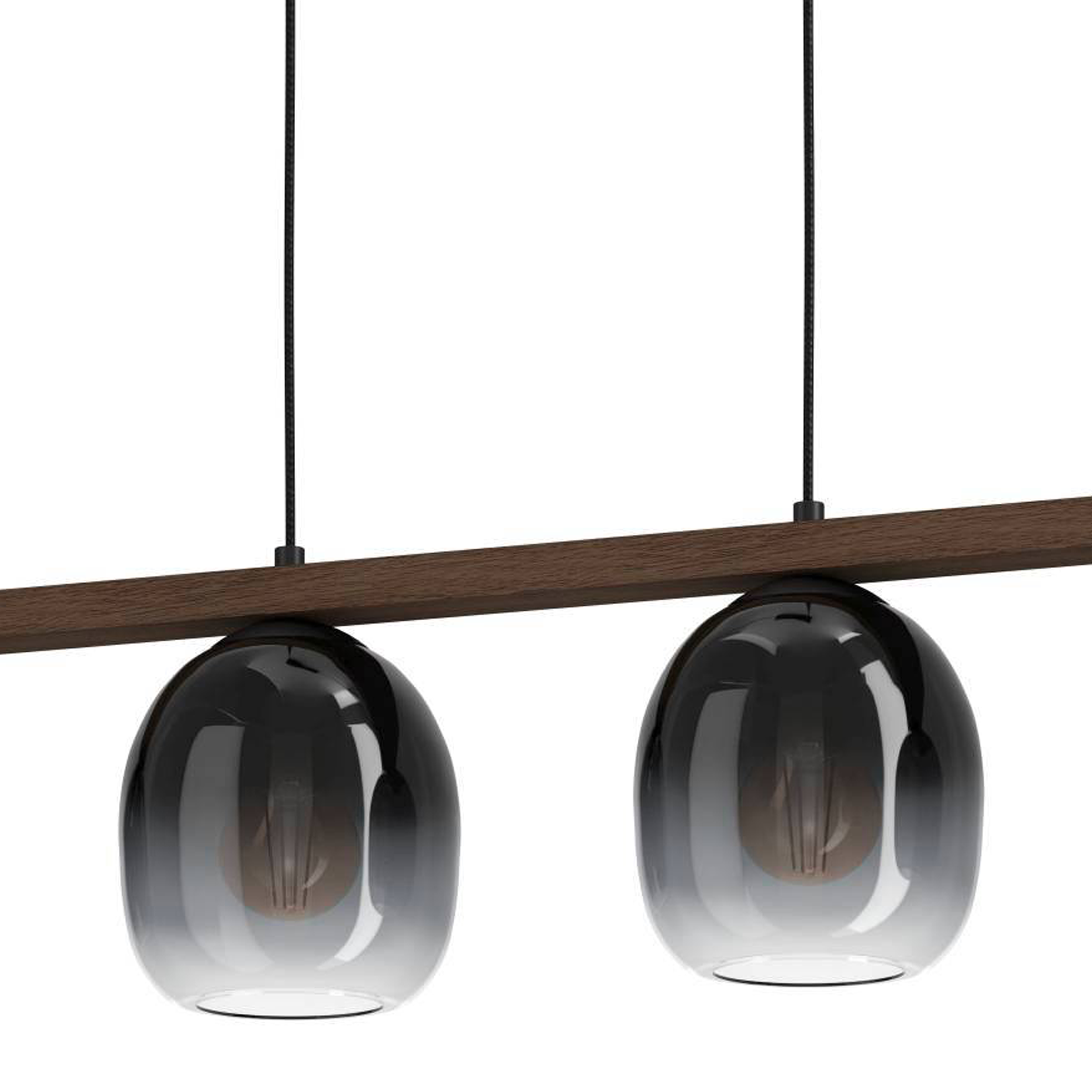 Zwei schwarze Glas-Pendelleuchten hängen an einem braunen Holzbalken.