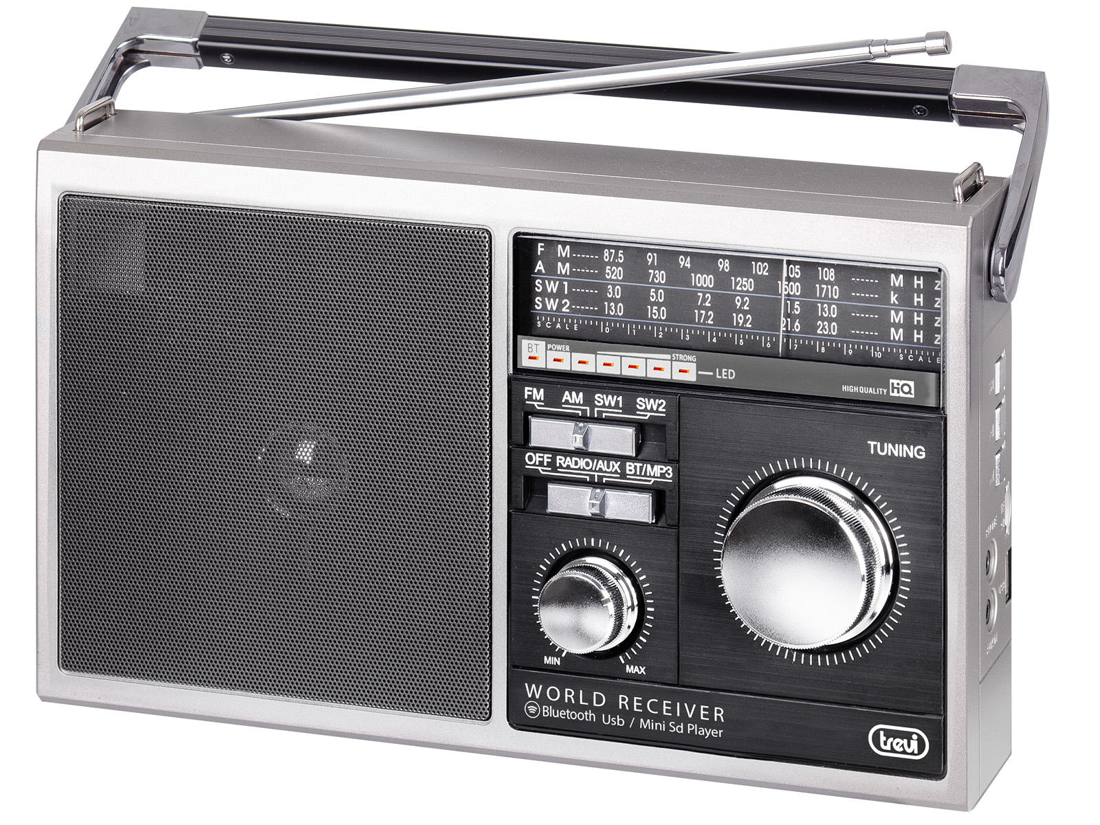Una radio portatile argento e nera con maniglia, antenna e quadrante.