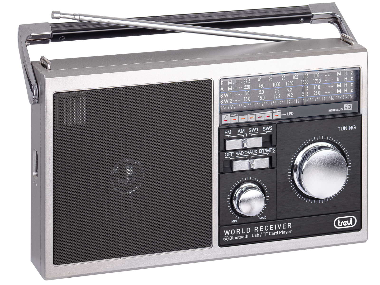 Una radio portatile argento e nera con maniglia, antenna e manopole di controllo.