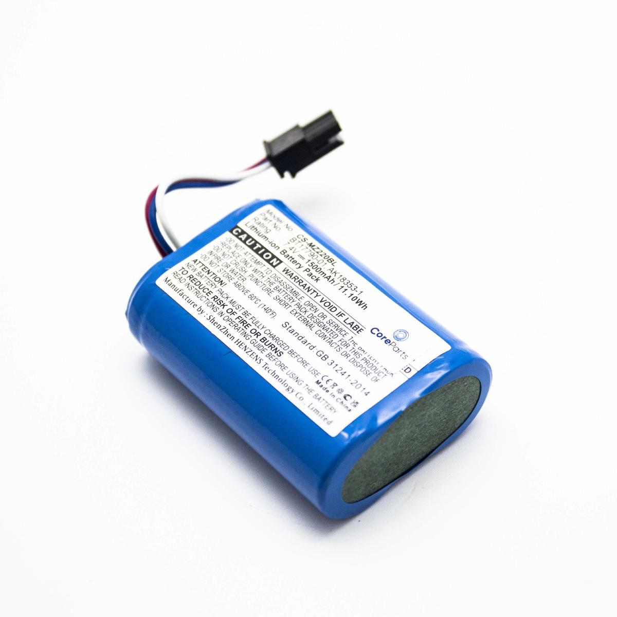 Eine blaue Batterie mit Etiketten und Drähten. Der Hintergrund ist weiß.