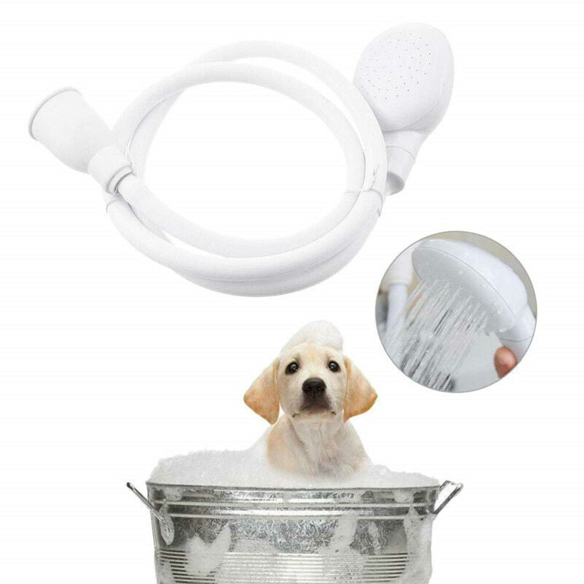 Ein Welpe sitzt in einer Wanne und wird mit einem weißen Duschkopf gebadet. Der Welpe hat ein weißes Fell und ist in einer Wanne.