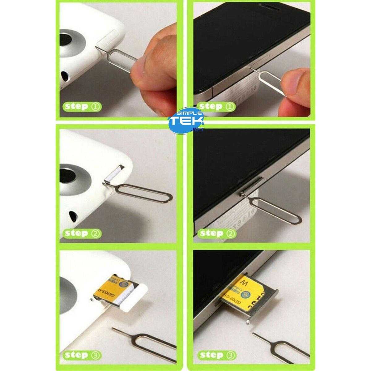 Eine Bildsequenz, die zeigt, wie man mit einem Werkzeug zum Entfernen der SIM-Karte eine SIM-Karte in ein Telefon einlegt und herausnimmt.