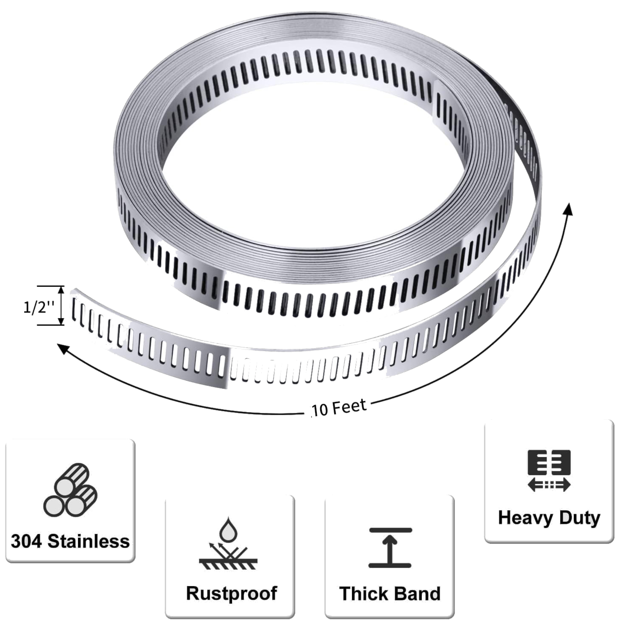 Eine Rolle Edelstahlband mit Perforationen und Symbolen für Eigenschaften.