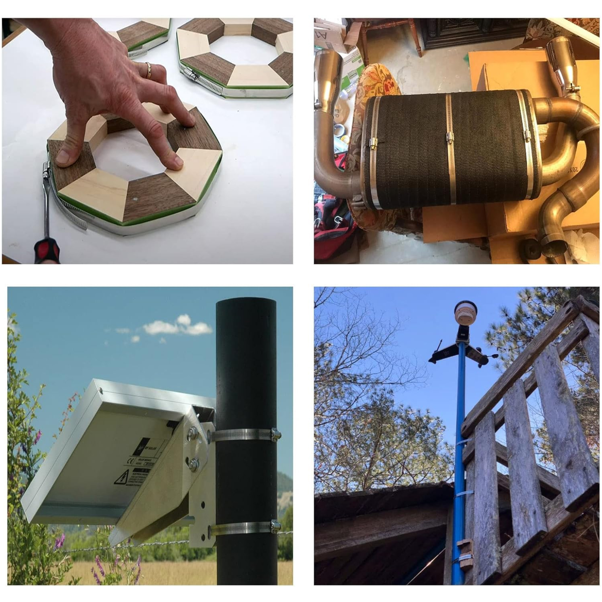 Vier Bilder: Holzzusammenbau, Abgasanlage, Solarpanel und Wetterstation.