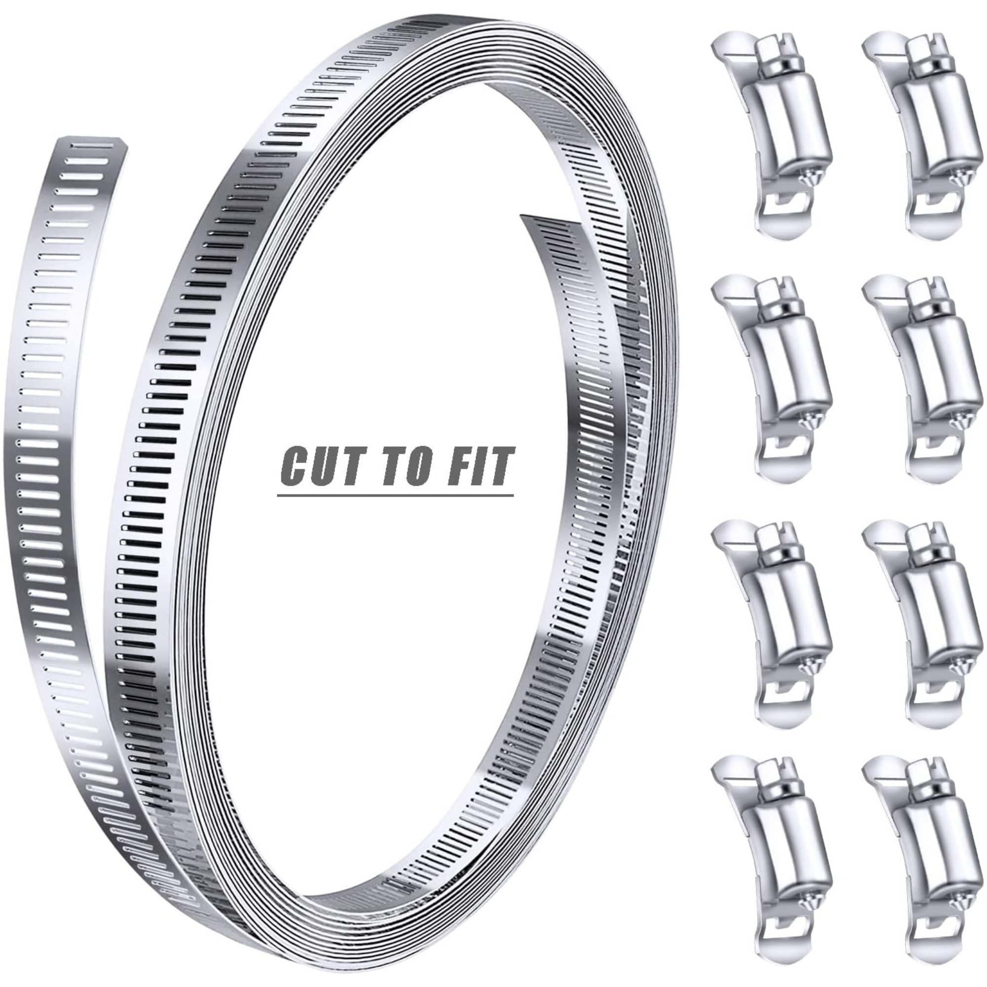 Rolle aus perforiertem Metallband mit Text "CUT TO FIT" und mehreren Metallklemmen.