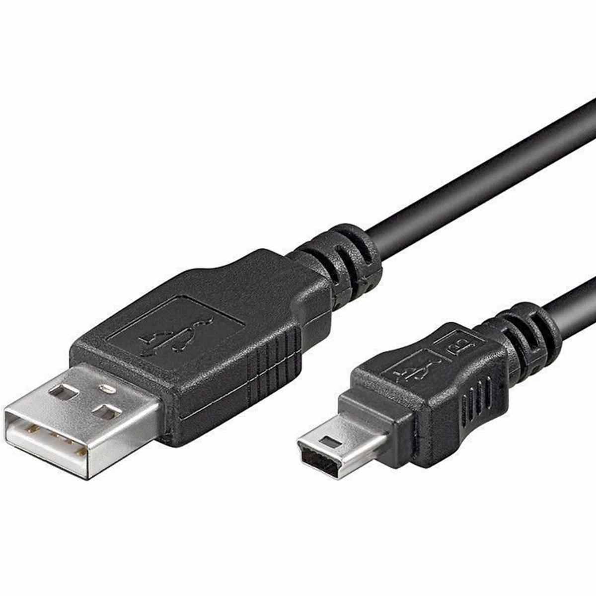 Een zwarte USB-kabel met een USB-A-connector aan de linkerkant en een kleinere connector aan de rechterkant.