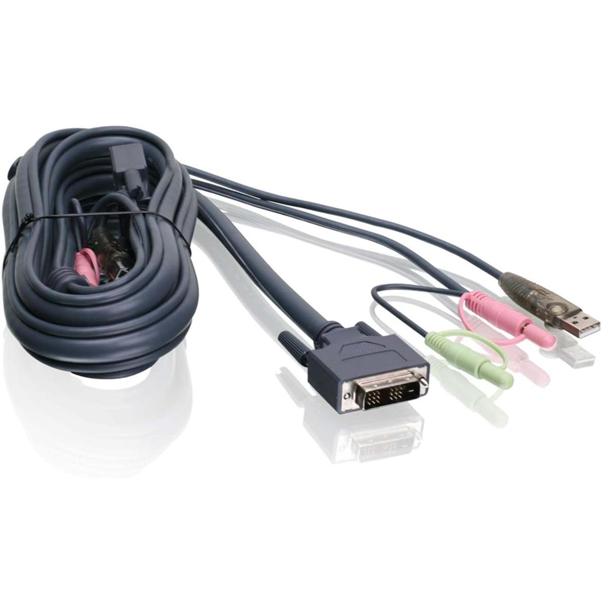 Cavo DVI arrotolato con connettori USB, rosa e verdi su sfondo bianco.