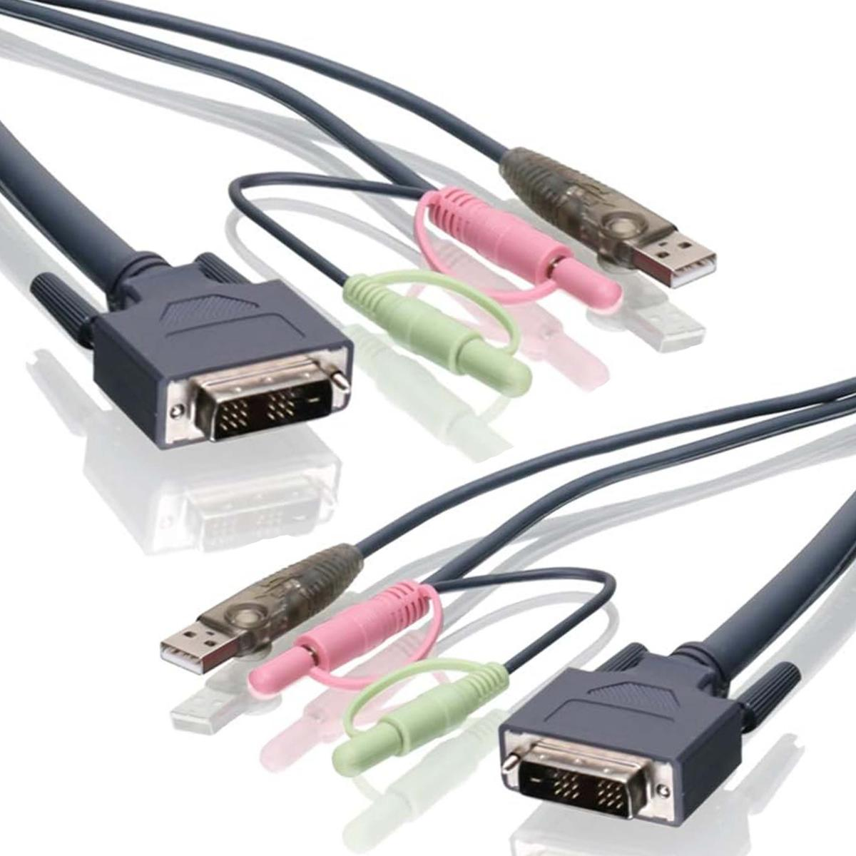 Due cavi DVI con connettori USB, rosa e verdi su sfondo bianco.